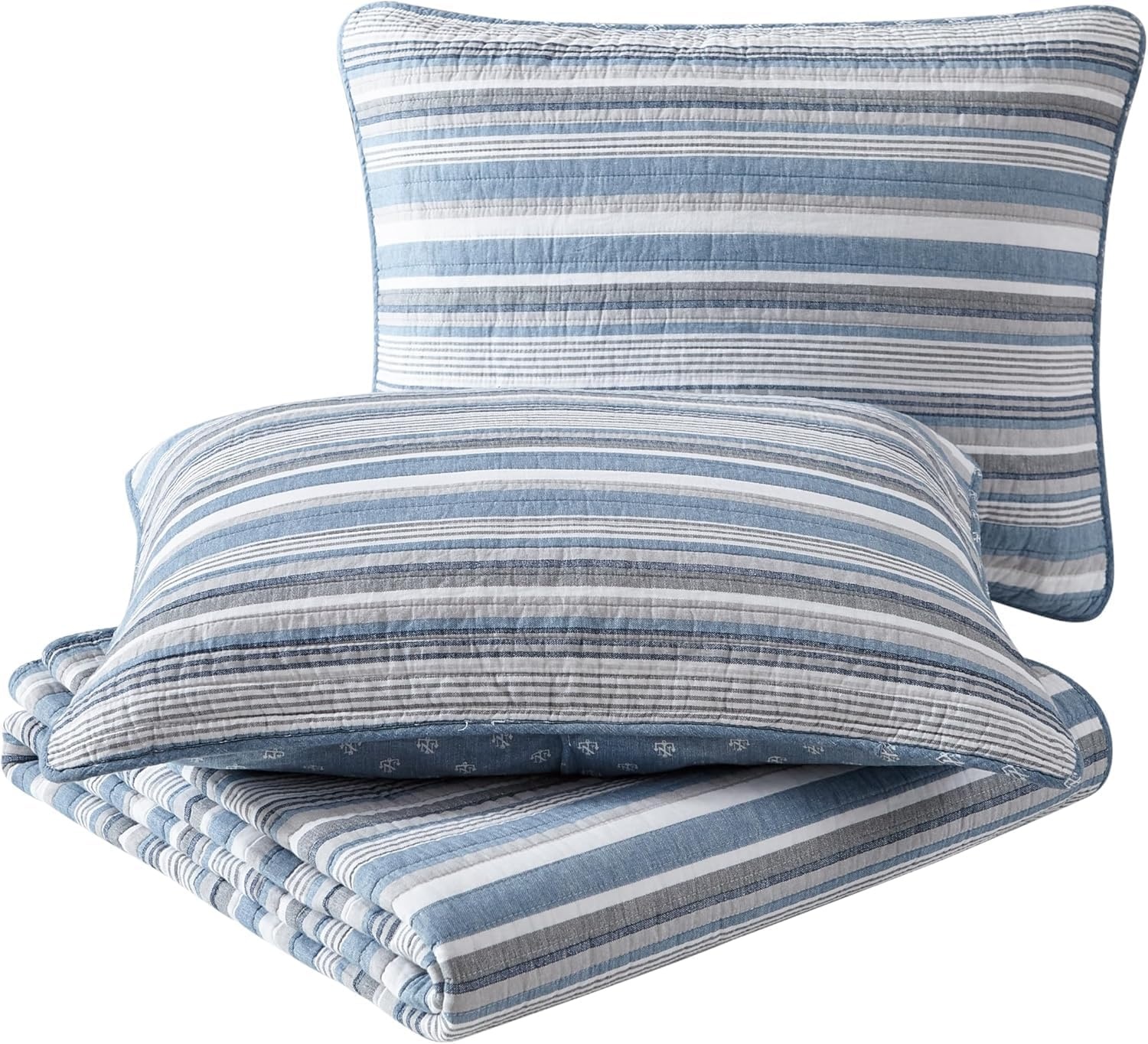 image:imageNautica Twin Quilt Set 100 Cotton Bedding with Matching Sham Reversible Stripe and Anchor Design Lightweight for YearRound Layering Jettison BlueFullQueen