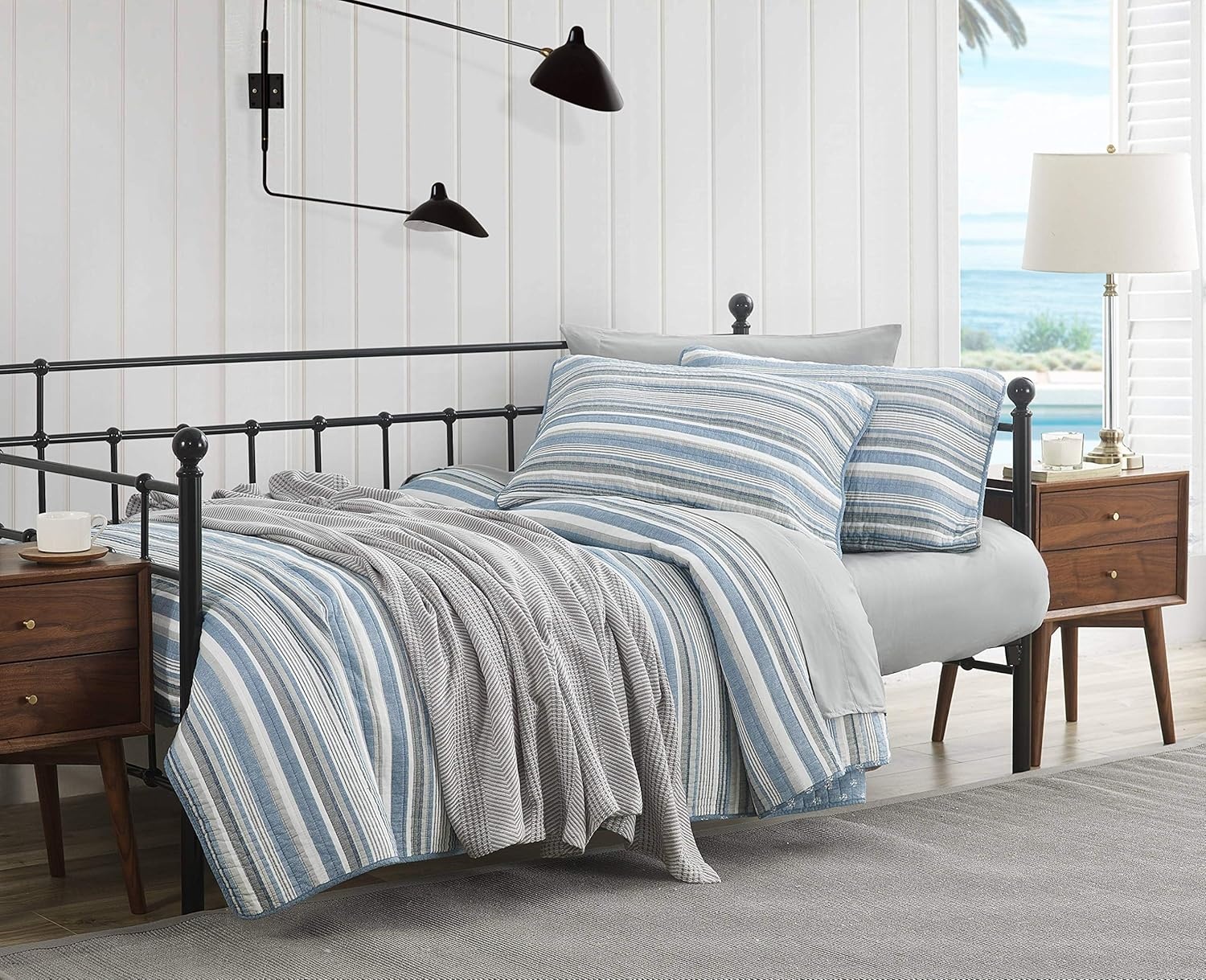 image:imageNautica Twin Quilt Set 100 Cotton Bedding with Matching Sham Reversible Stripe and Anchor Design Lightweight for YearRound Layering Jettison BlueFullQueen