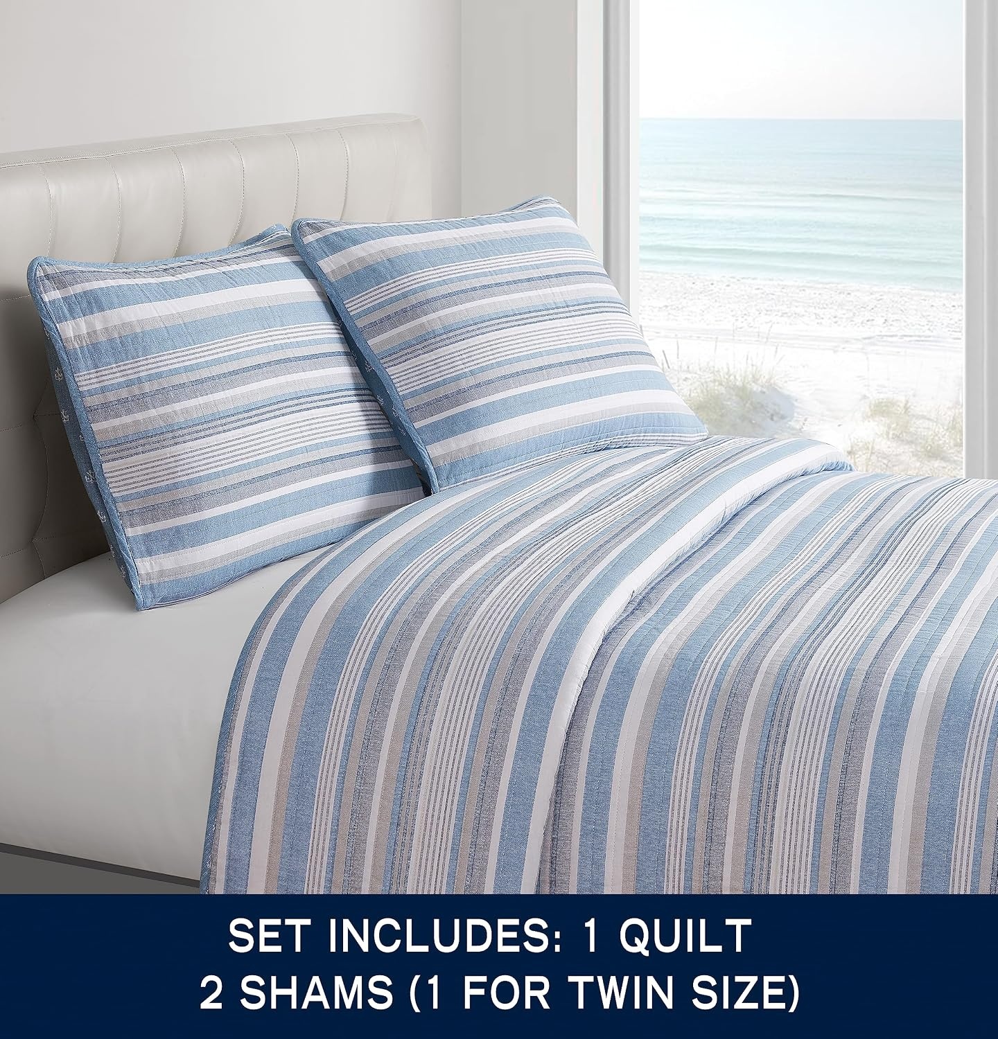 image:imageNautica Twin Quilt Set 100 Cotton Bedding with Matching Sham Reversible Stripe and Anchor Design Lightweight for YearRound Layering Jettison BlueKing