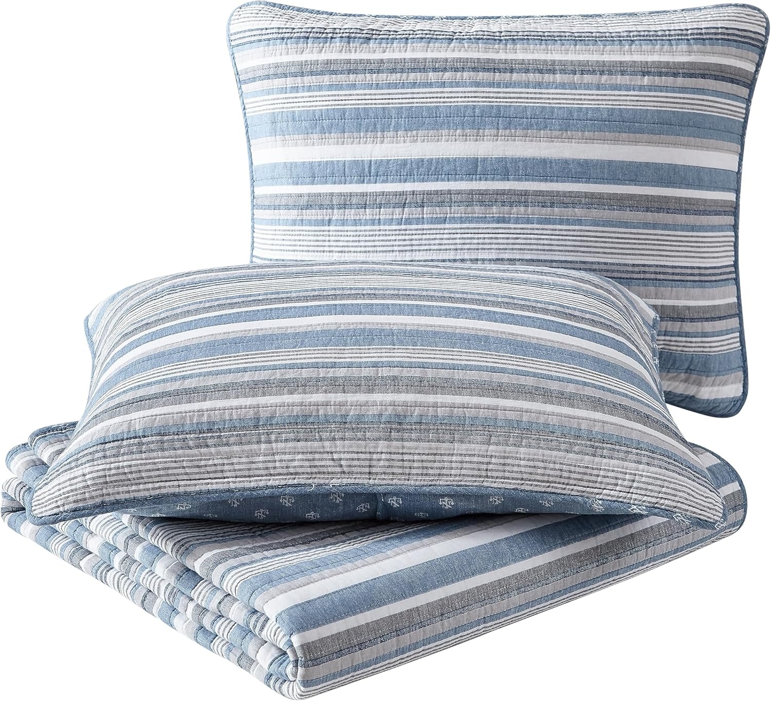 image:imageNautica Twin Quilt Set 100 Cotton Bedding with Matching Sham Reversible Stripe and Anchor Design Lightweight for YearRound Layering Jettison BlueKing