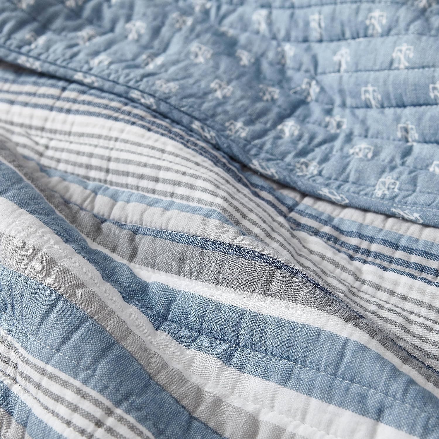 image:imageNautica Twin Quilt Set 100 Cotton Bedding with Matching Sham Reversible Stripe and Anchor Design Lightweight for YearRound Layering Jettison BlueKing