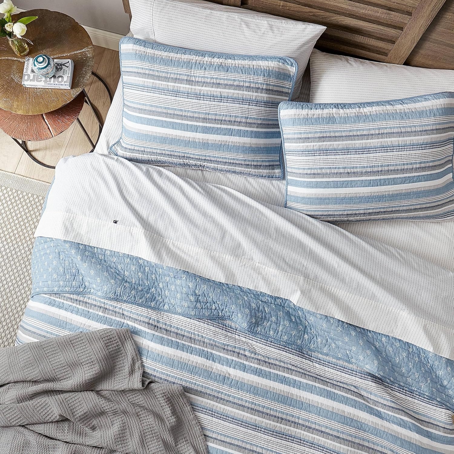 image:imageNautica Twin Quilt Set 100 Cotton Bedding with Matching Sham Reversible Stripe and Anchor Design Lightweight for YearRound Layering Jettison BlueTwin