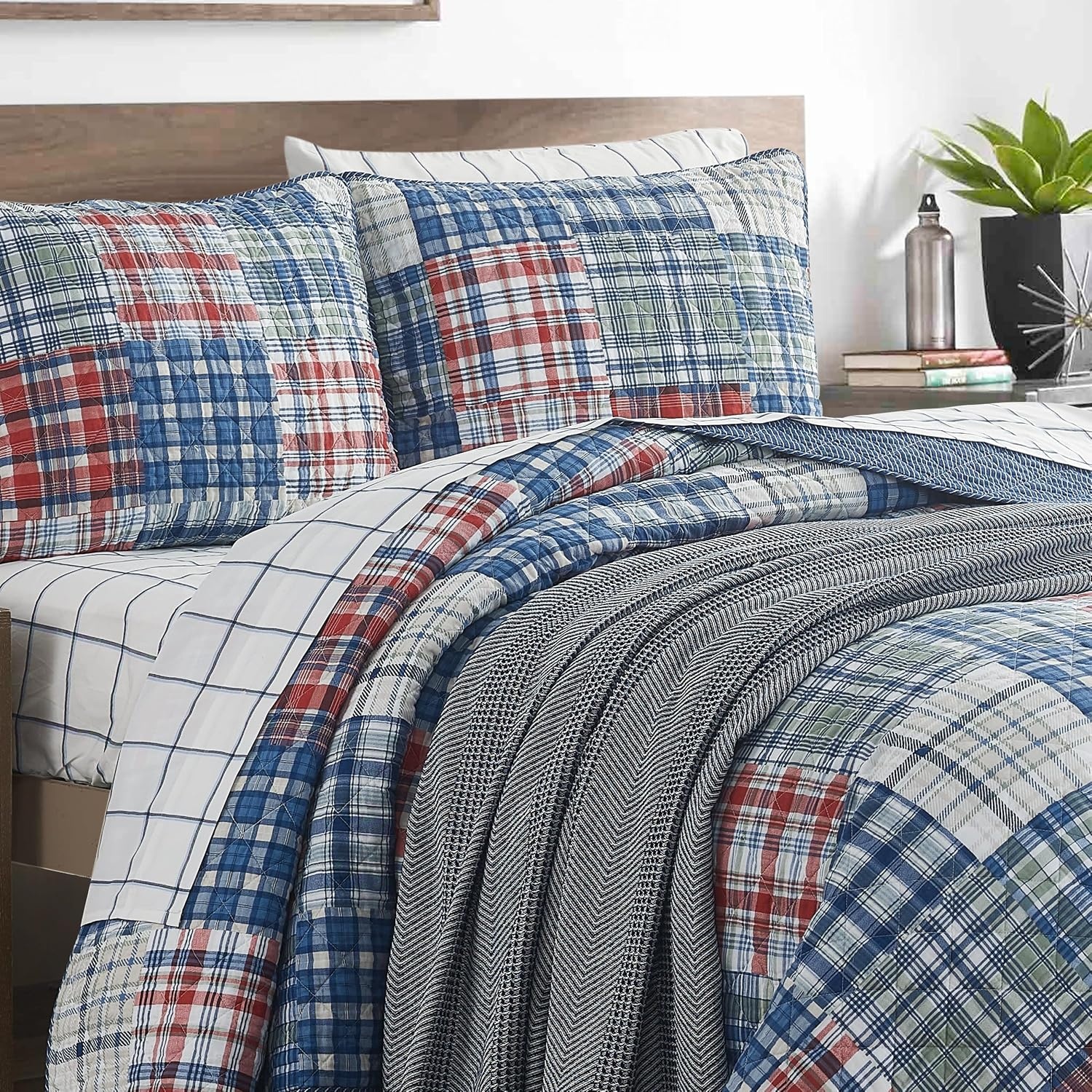 image:imageNautica Twin Quilt Set Reversible Bedding with Matching Sham Patchwork Plaid Room Decor Lightweight Bed Set College Dorm Room Essentials Raeford BlueRaeford BlueRedGreen