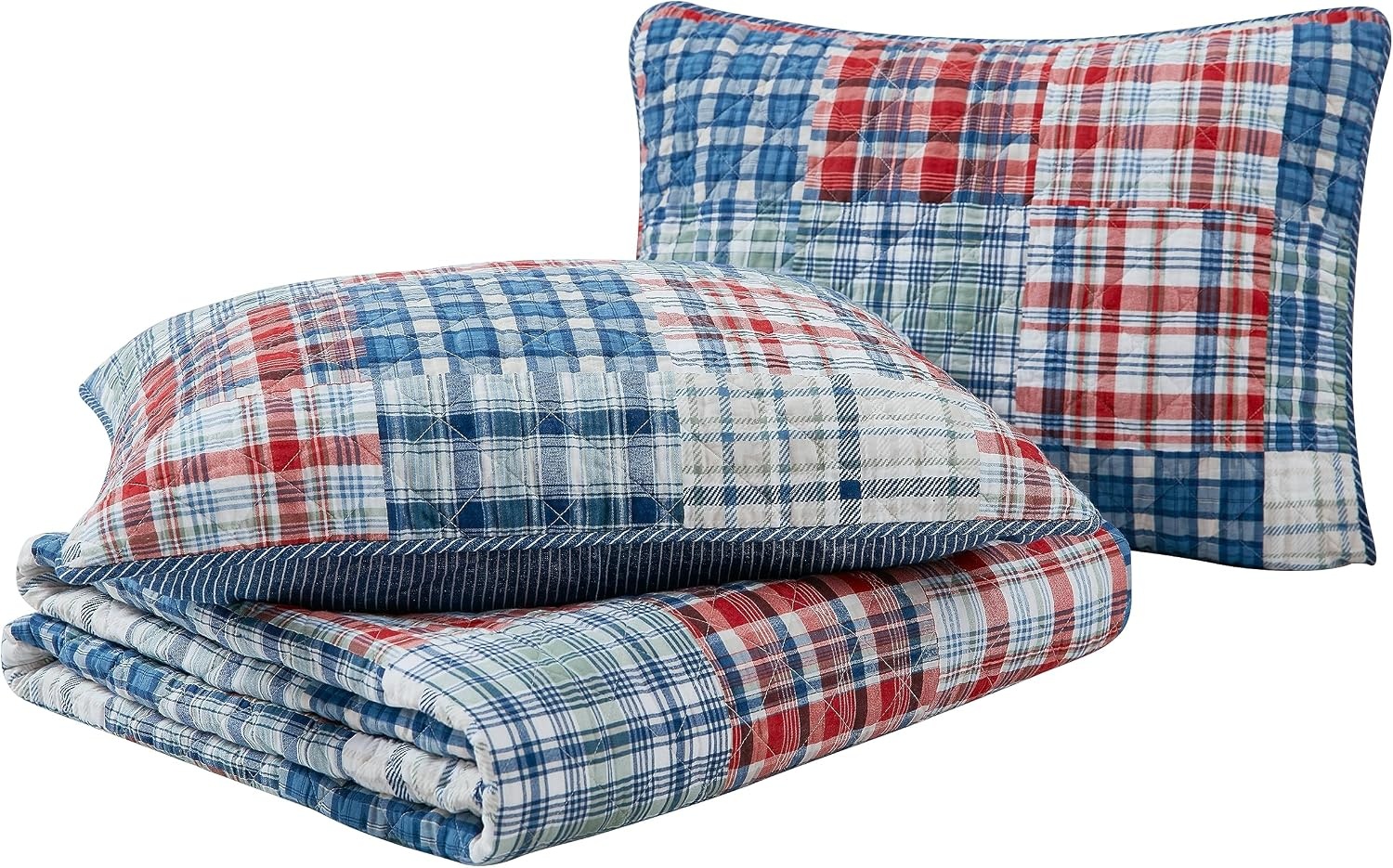 image:imageNautica Twin Quilt Set Reversible Bedding with Matching Sham Patchwork Plaid Room Decor Lightweight Bed Set College Dorm Room Essentials Raeford BlueRaeford BlueRedGreen