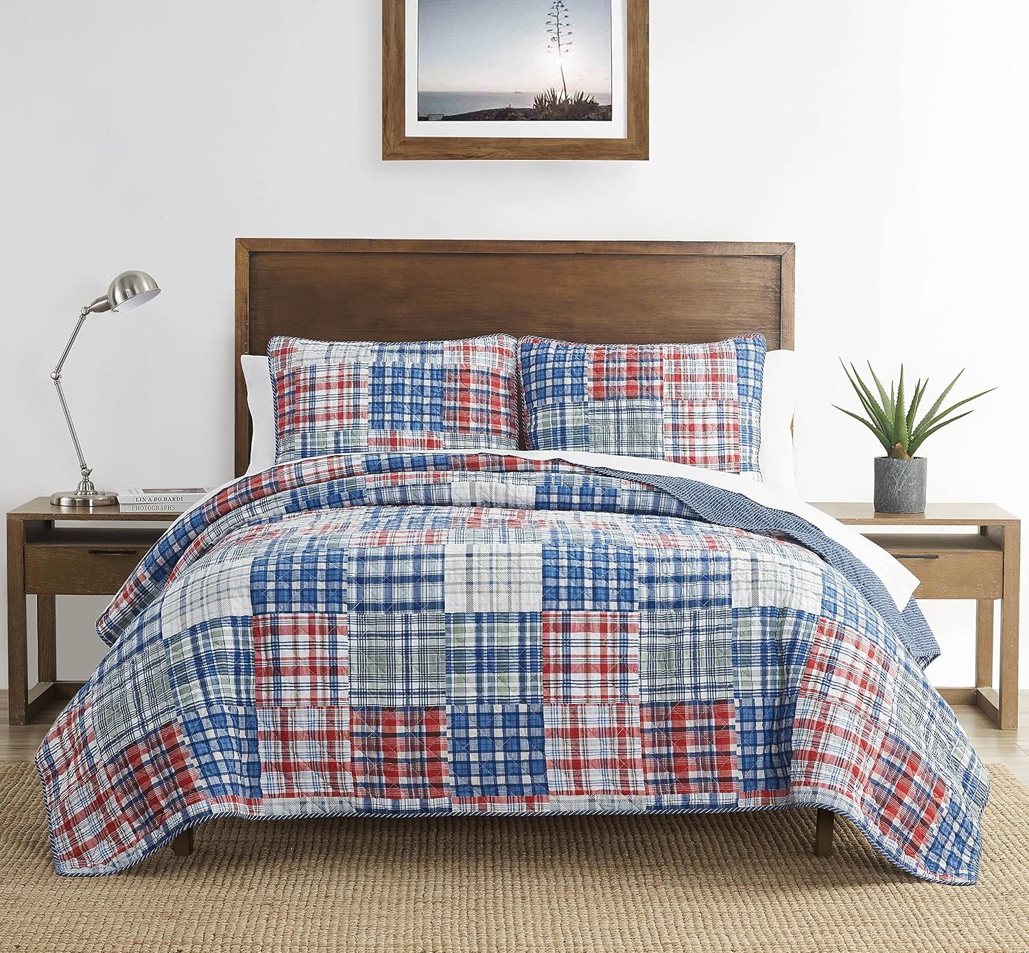 image:imageNautica Twin Quilt Set Reversible Bedding with Matching Sham Patchwork Plaid Room Decor Lightweight Bed Set College Dorm Room Essentials Raeford BlueRaeford BlueRedGreen