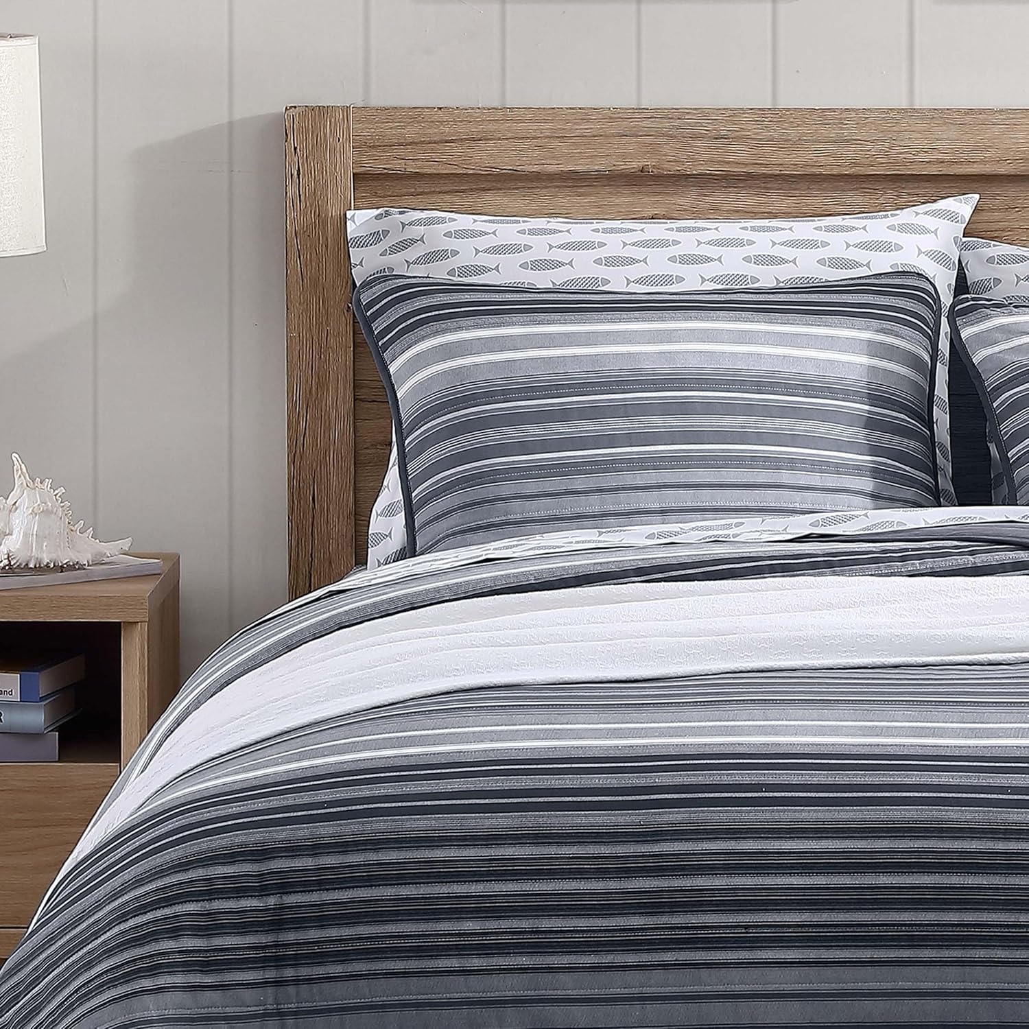 image:imageNautica Twin Quilt Set Reversible Bedding with Matching Sham Stripe Room Decor Lightweight Bed Set College Dorm Room Essentials Coveside BlueMedium GreyDark GreyWhite