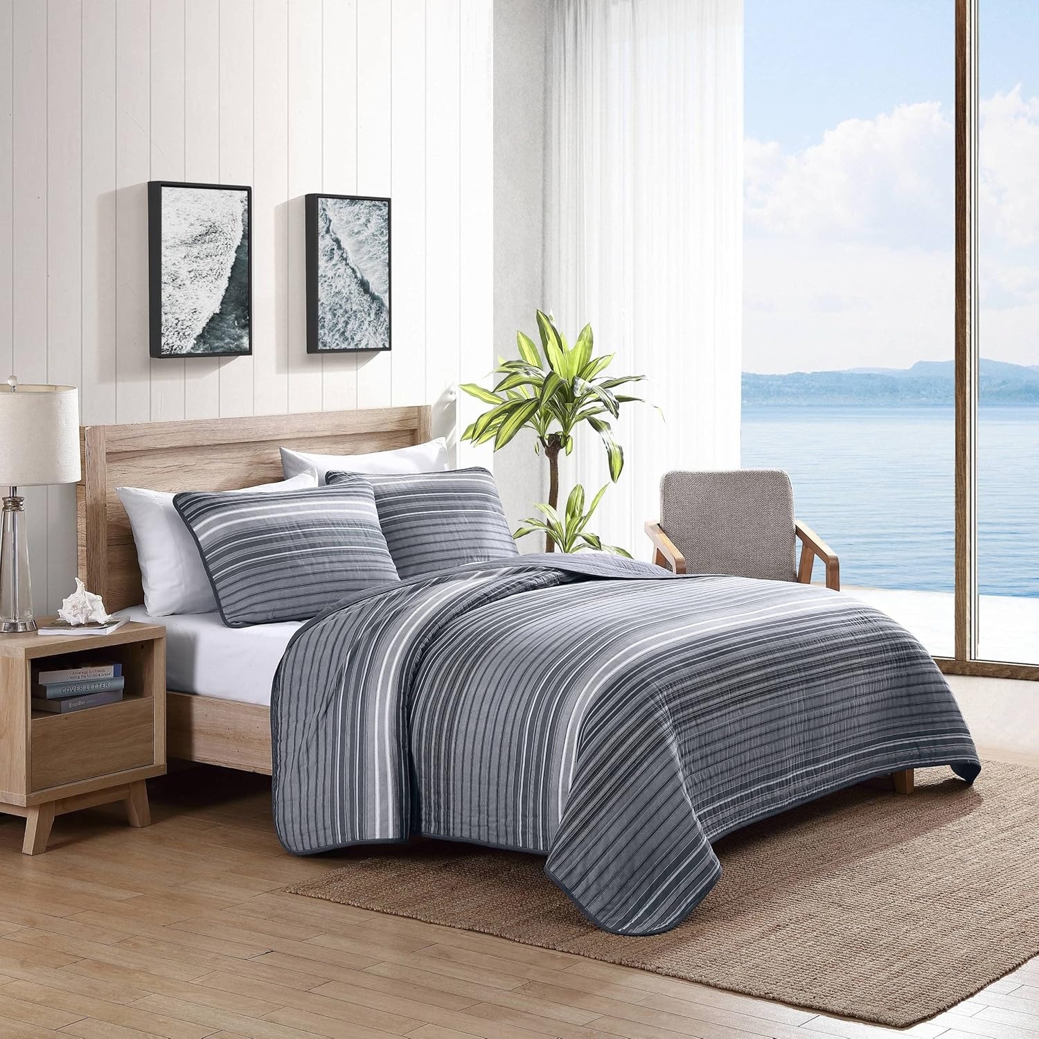 image:imageNautica Twin Quilt Set Reversible Bedding with Matching Sham Stripe Room Decor Lightweight Bed Set College Dorm Room Essentials Coveside BlueMedium GreyDark GreyWhite