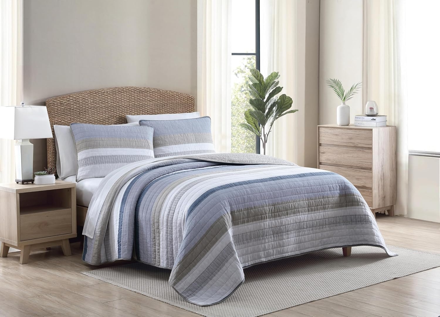 image:imageNautica Twin Quilt Set Soft Cotton Bedding with Matching Shams Prewashed for Extra Softness Reversible Stripe Design Lightweight Layering for YearRound Comfort Galewood BlueKing