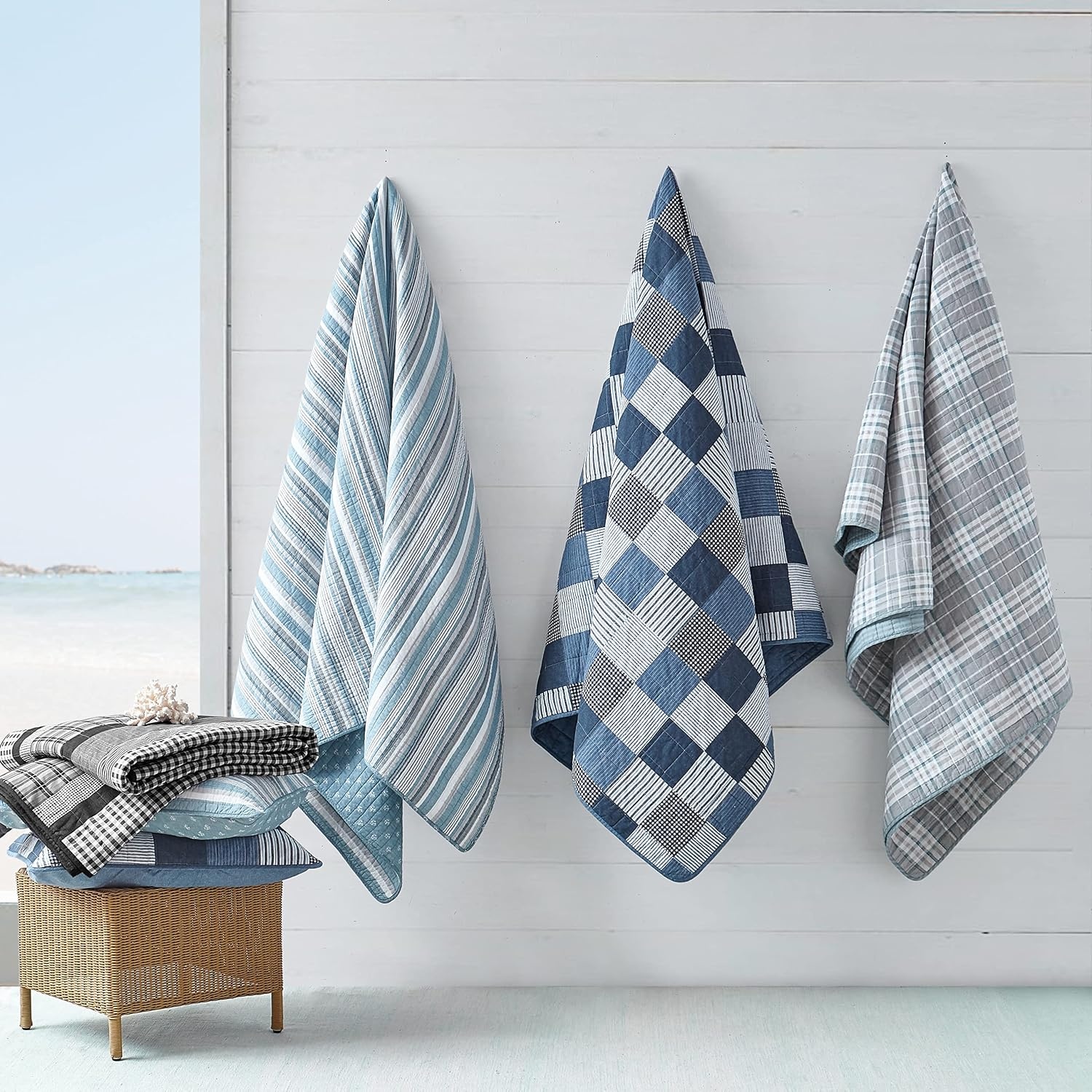 image:imageNautica Twin Quilt Set Soft Cotton Bedding with Matching Shams Prewashed for Extra Softness Reversible Stripe Design Lightweight Layering for YearRound Comfort Galewood BlueKing