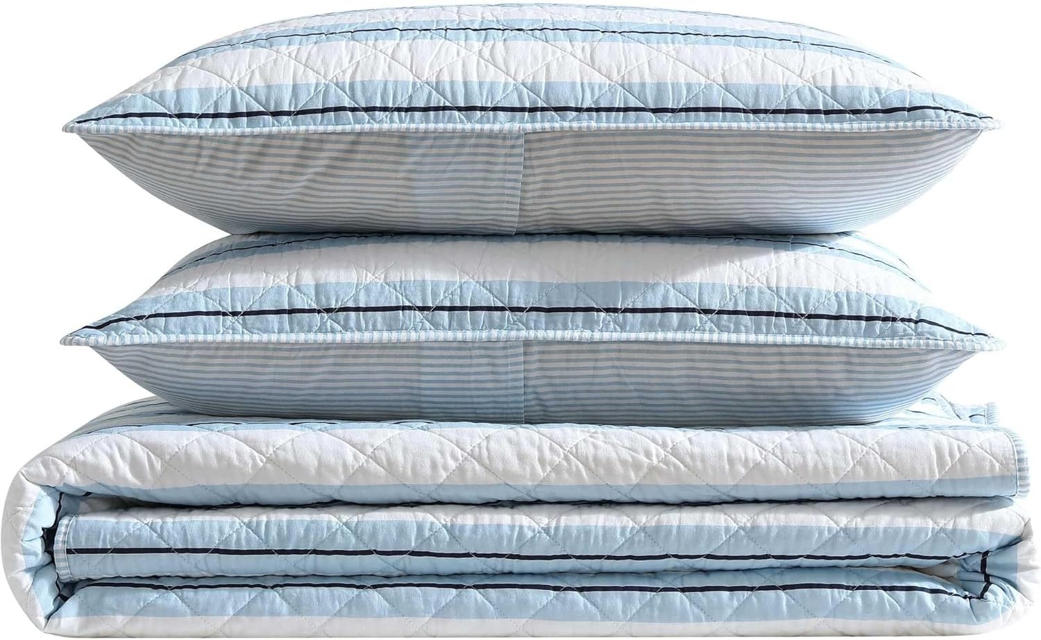 image:imageNautica Twin Quilt Set Soft amp Reversible Cotton Bedding with a Smooth Finish 2 Piece Coastal Bed Set with Matching Pillowcase Seashore Stitch PinkTim StripePenny Pinstripe Blue