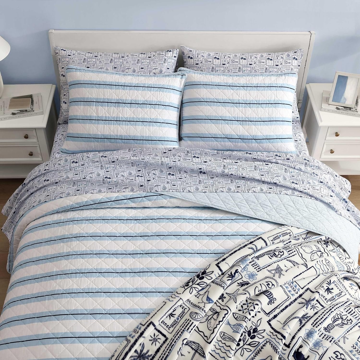 image:imageNautica Twin Quilt Set Soft amp Reversible Cotton Bedding with a Smooth Finish 2 Piece Coastal Bed Set with Matching Pillowcase Seashore Stitch PinkTim StripePenny Pinstripe Blue