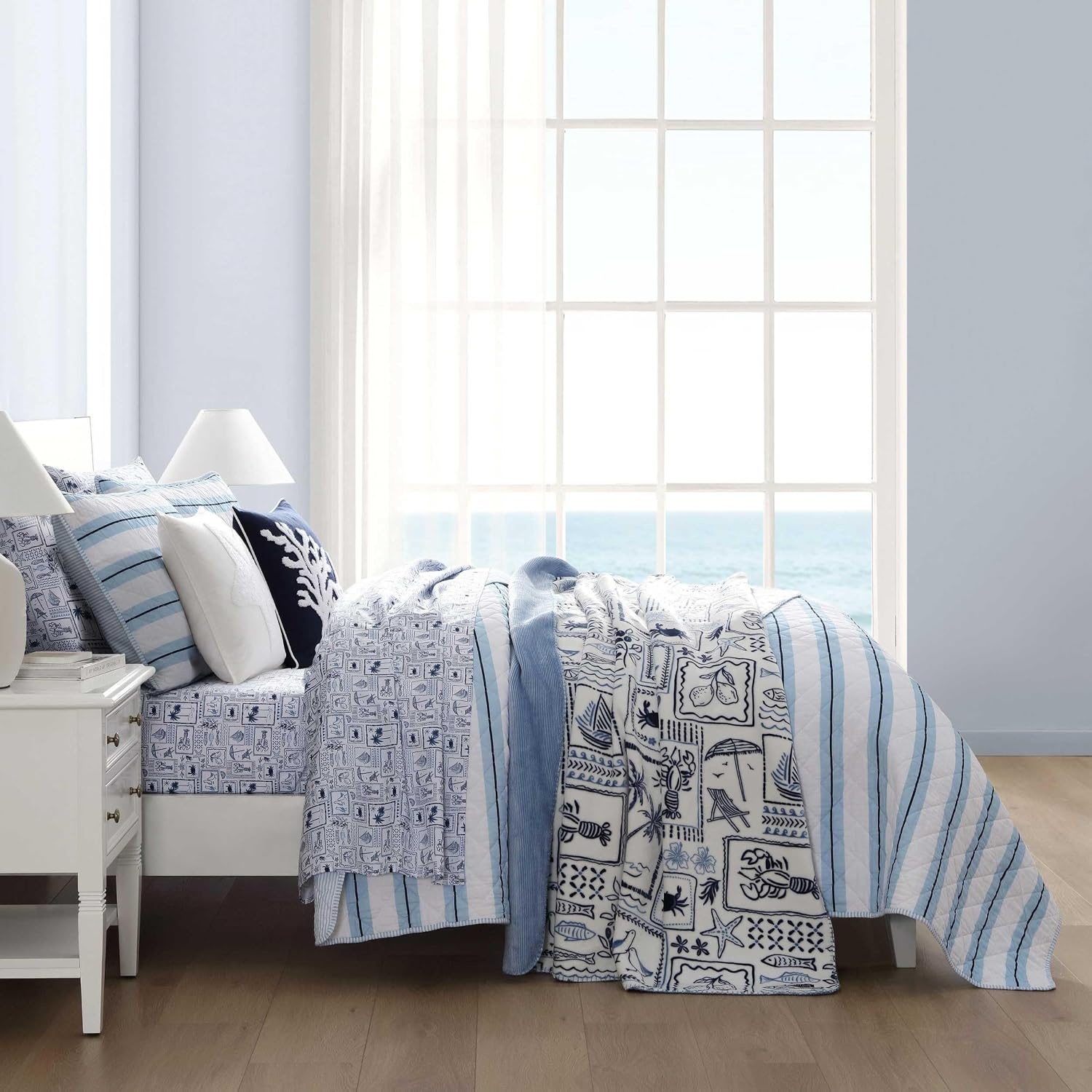 image:imageNautica Twin Quilt Set Soft amp Reversible Cotton Bedding with a Smooth Finish 2 Piece Coastal Bed Set with Matching Pillowcase Seashore Stitch PinkTim StripePenny Pinstripe Blue
