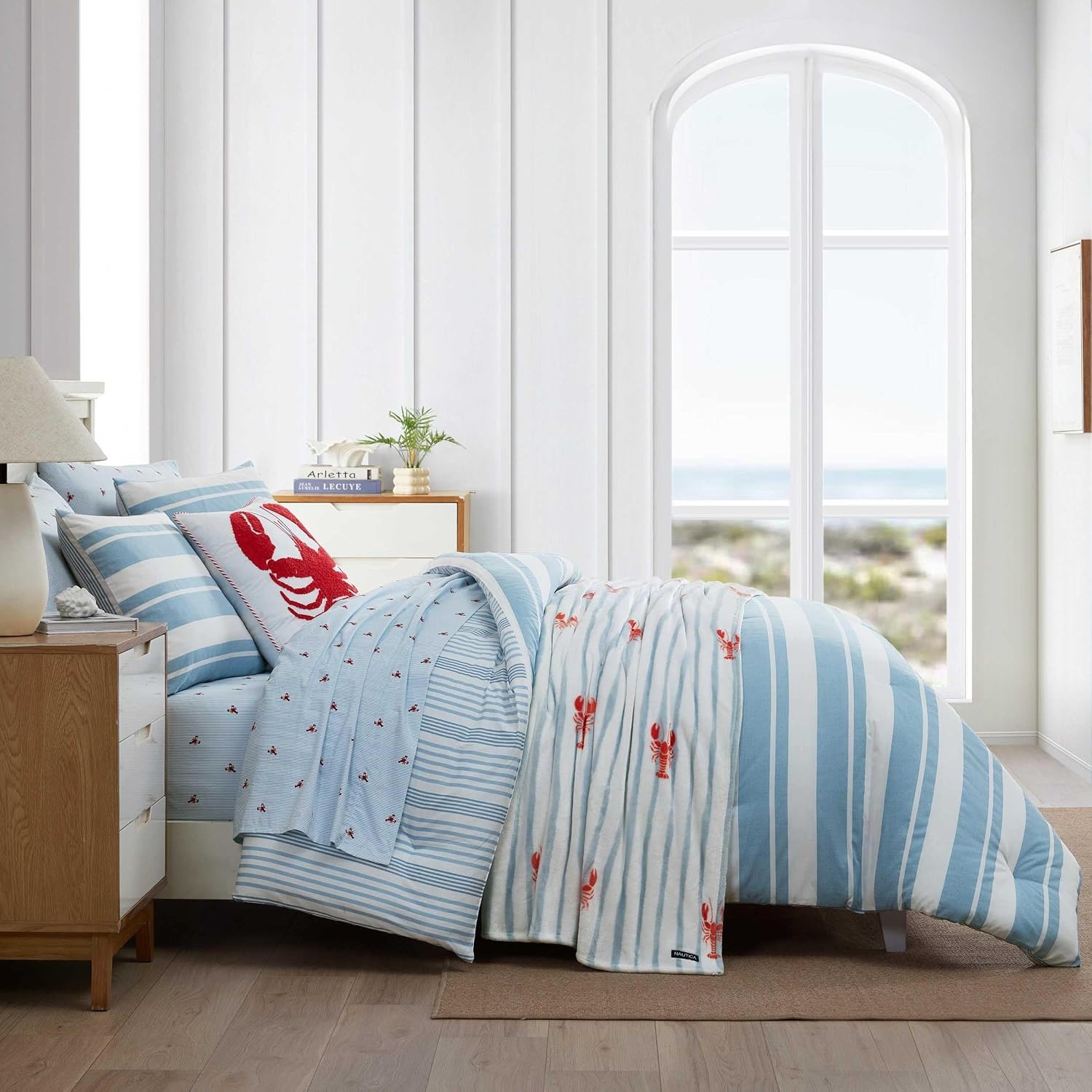 image:imageNautica Twin Size Blanket UltraSoft Plush Blanket Medium Weight Cozy Bedding Americana Decor with Lobster Stripe DesignLobster Watercolor Stripes Blue