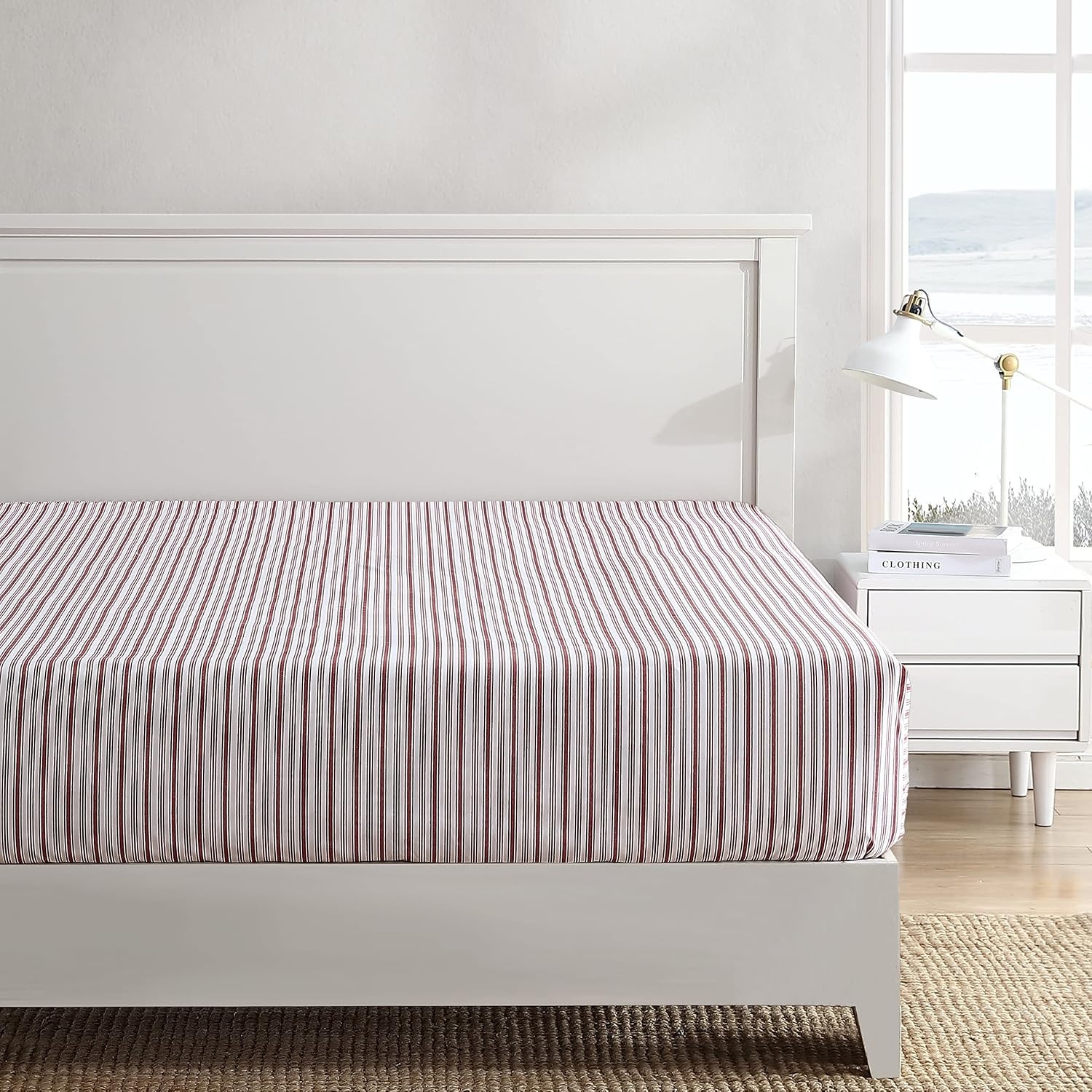 image:imageNautica Twin Size Fitted Sheet Crisp Cotton Percale Bedding Lightweight amp Breathable Bed Sheet Deep Pocket College Dorm Room Essentials Coleridge Stripe RedColeridge Stripe Red