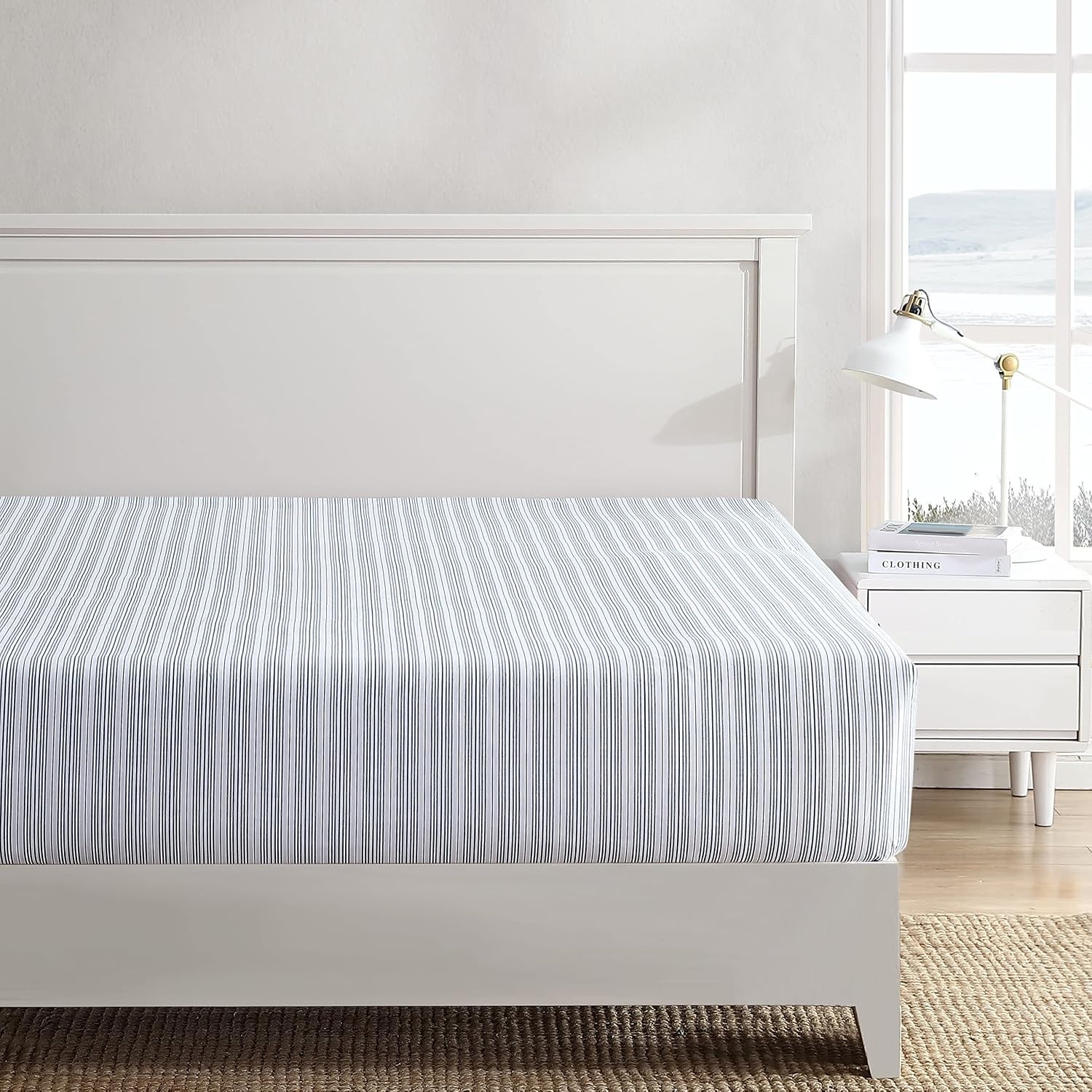 image:imageNautica Twin Size Fitted Sheet Crisp Cotton Percale Bedding Lightweight amp Breathable Bed Sheet Deep Pocket College Dorm Room Essentials Coleridge Stripe RedBeaux Stripe Blue