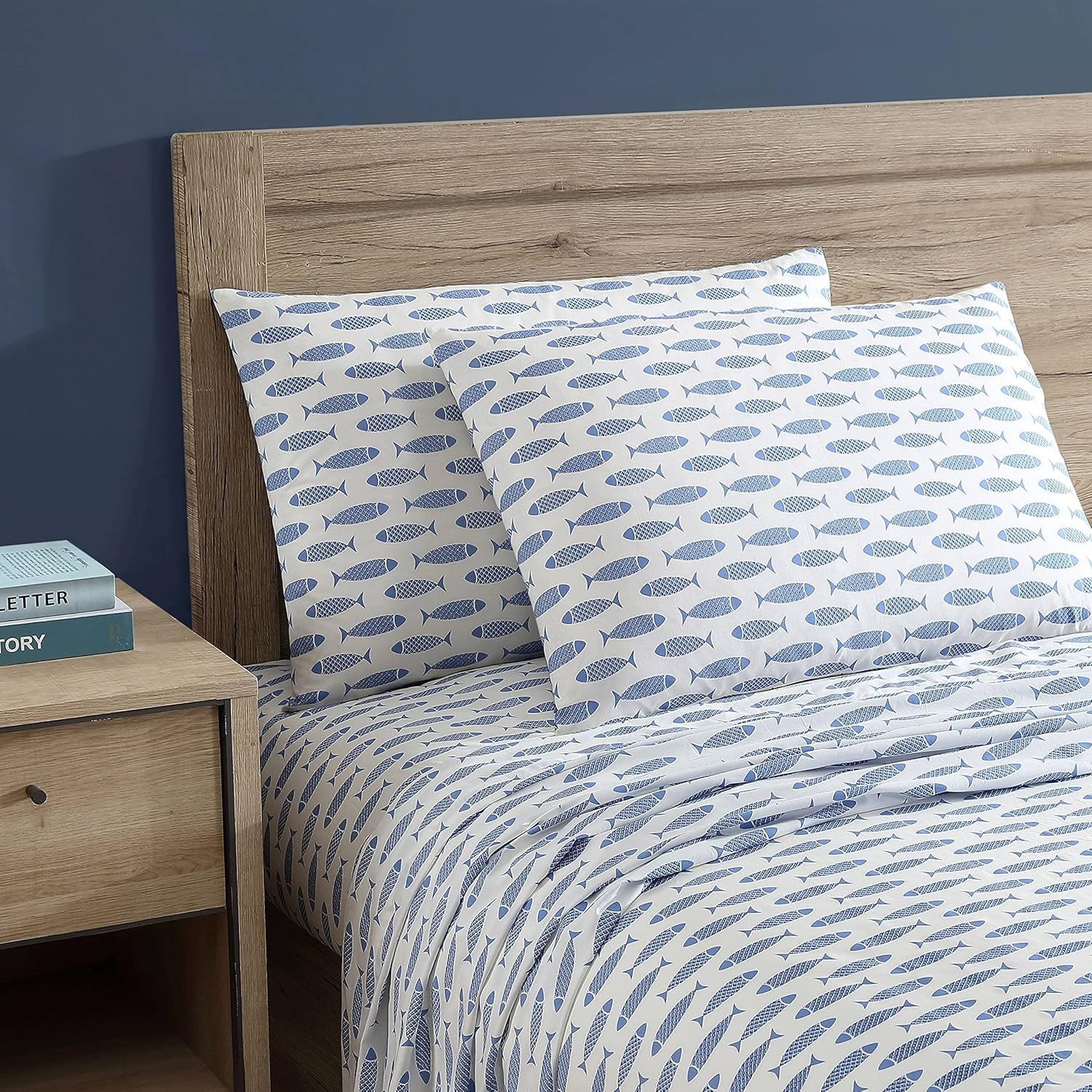 image:imageNautica Twin Size Sheet Set Crisp Cotton Percale Bedding with Matching Pillowcase Lightweight amp Breathable Bed Sheets Deep Pocket College Dorm Room Essentials Star Spangled BlueWoodblock Fish Blue