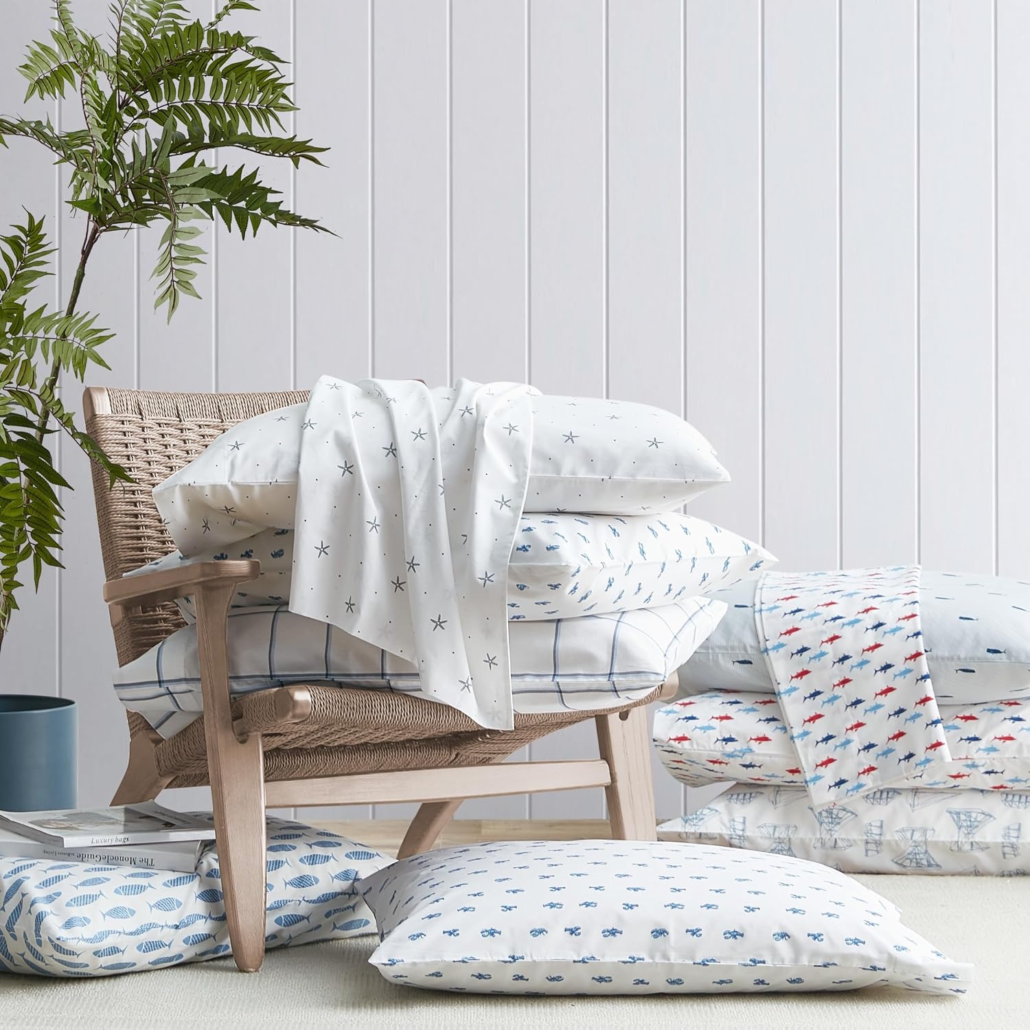 image:imageNautica Twin Size Sheet Set Crisp Cotton Percale Bedding with Matching Pillowcase Lightweight amp Breathable Bed Sheets Deep Pocket College Dorm Room Essentials Star Spangled BlueWoodblock Fish Blue