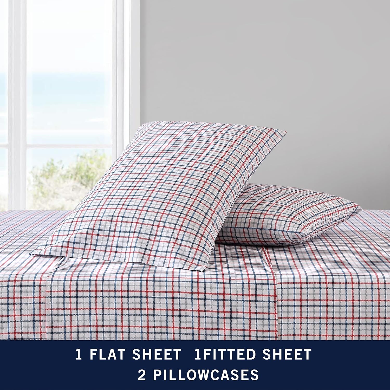 image:imageNautica Twin Size Sheet Set Crisp Cotton Percale Bedding with Matching Pillowcase Lightweight amp Breathable Bed Sheets Deep Pocket College Dorm Room Essentials Star Spangled BlueBoating Tattersall