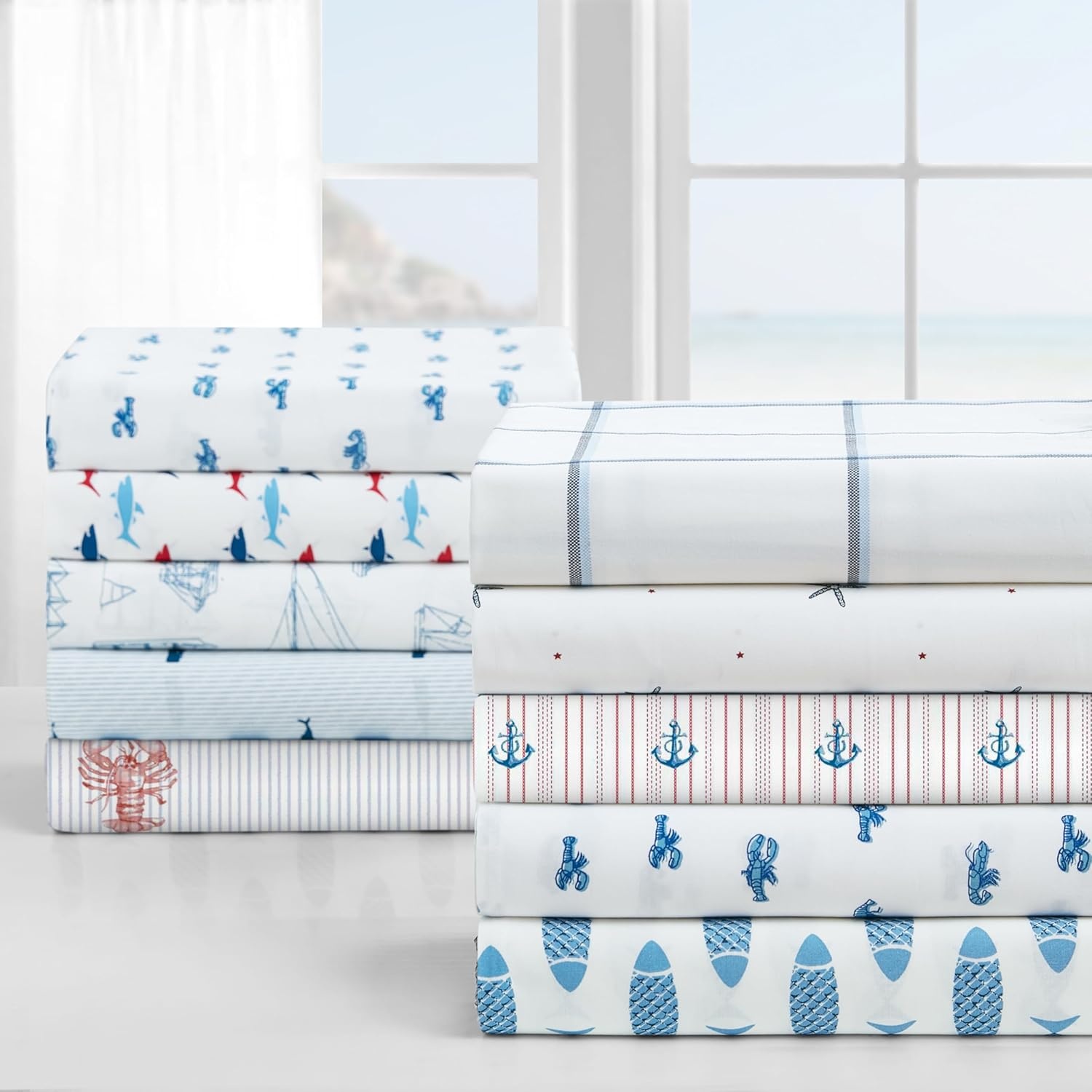 image:imageNautica Twin Size Sheet Set Crisp Cotton Percale Bedding with Matching Pillowcase Lightweight amp Breathable Bed Sheets Deep Pocket College Dorm Room Essentials Star Spangled BlueWoodblock Fish Blue