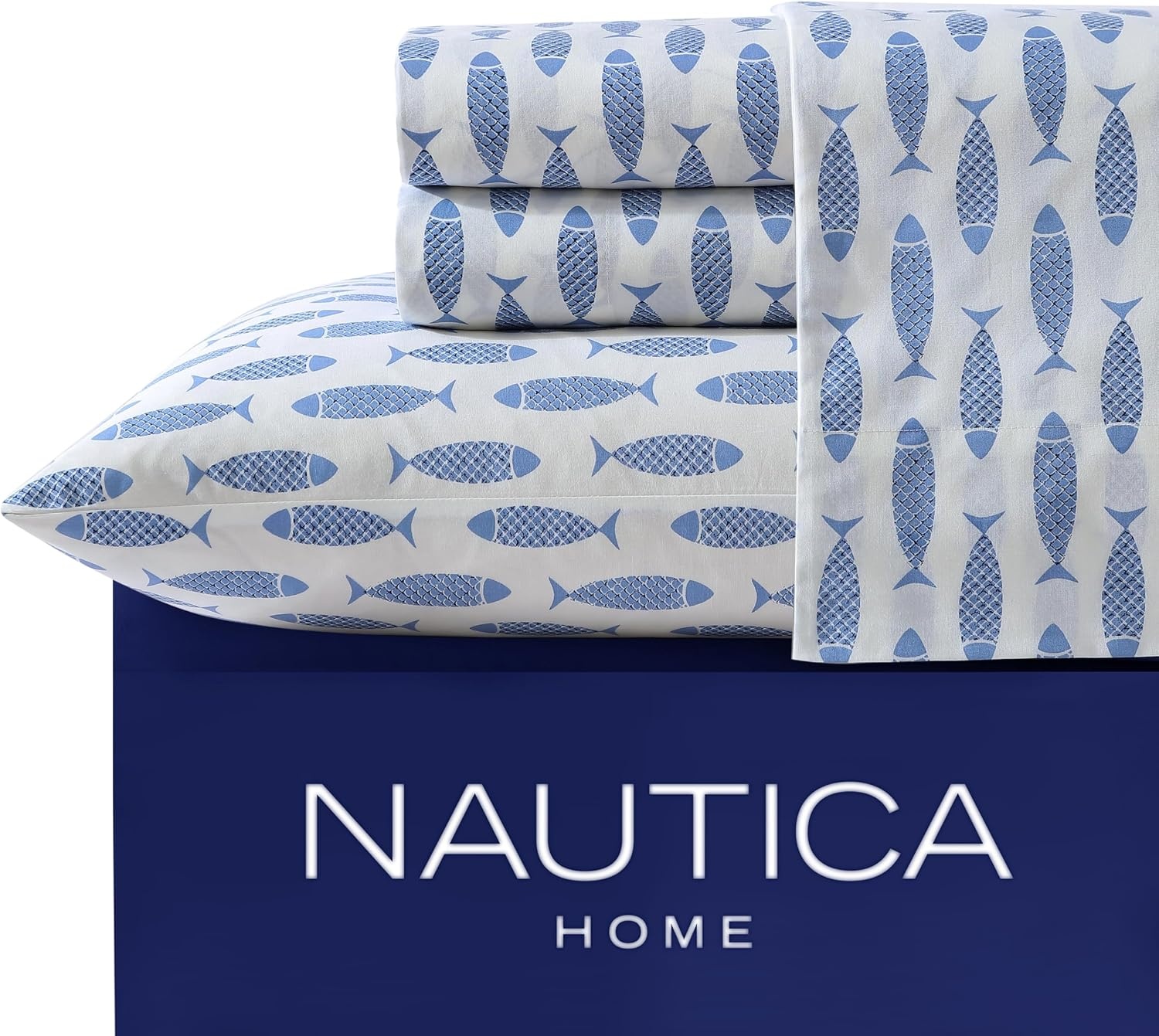 image:imageNautica Twin Size Sheet Set Crisp Cotton Percale Bedding with Matching Pillowcase Lightweight amp Breathable Bed Sheets Deep Pocket College Dorm Room Essentials Star Spangled BlueWoodblock Fish Blue