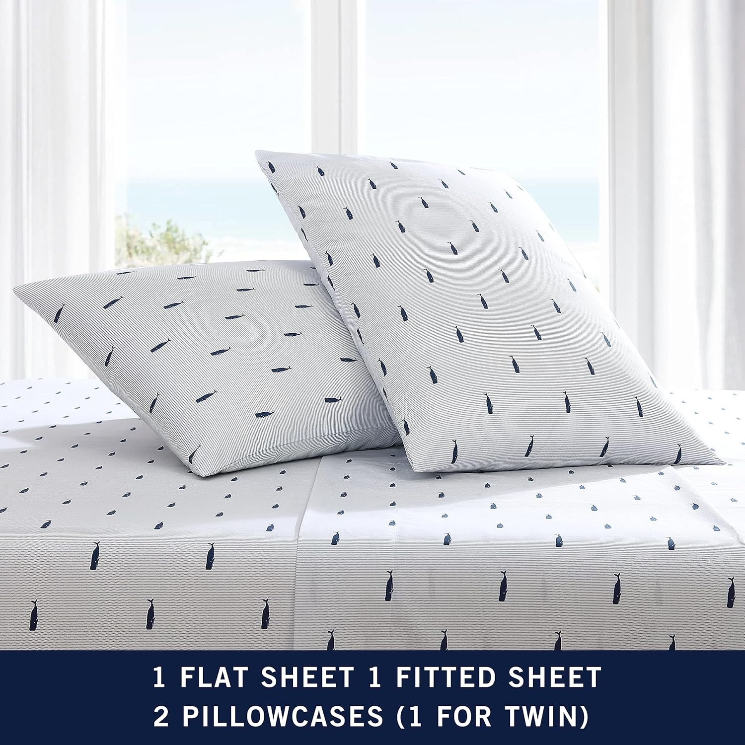 image:imageNautica Twin Size Sheet Set Crisp Cotton Percale Bedding with Matching Pillowcase Lightweight amp Breathable Bed Sheets Deep Pocket College Dorm Room Essentials Star Spangled BlueWhale Stripe
