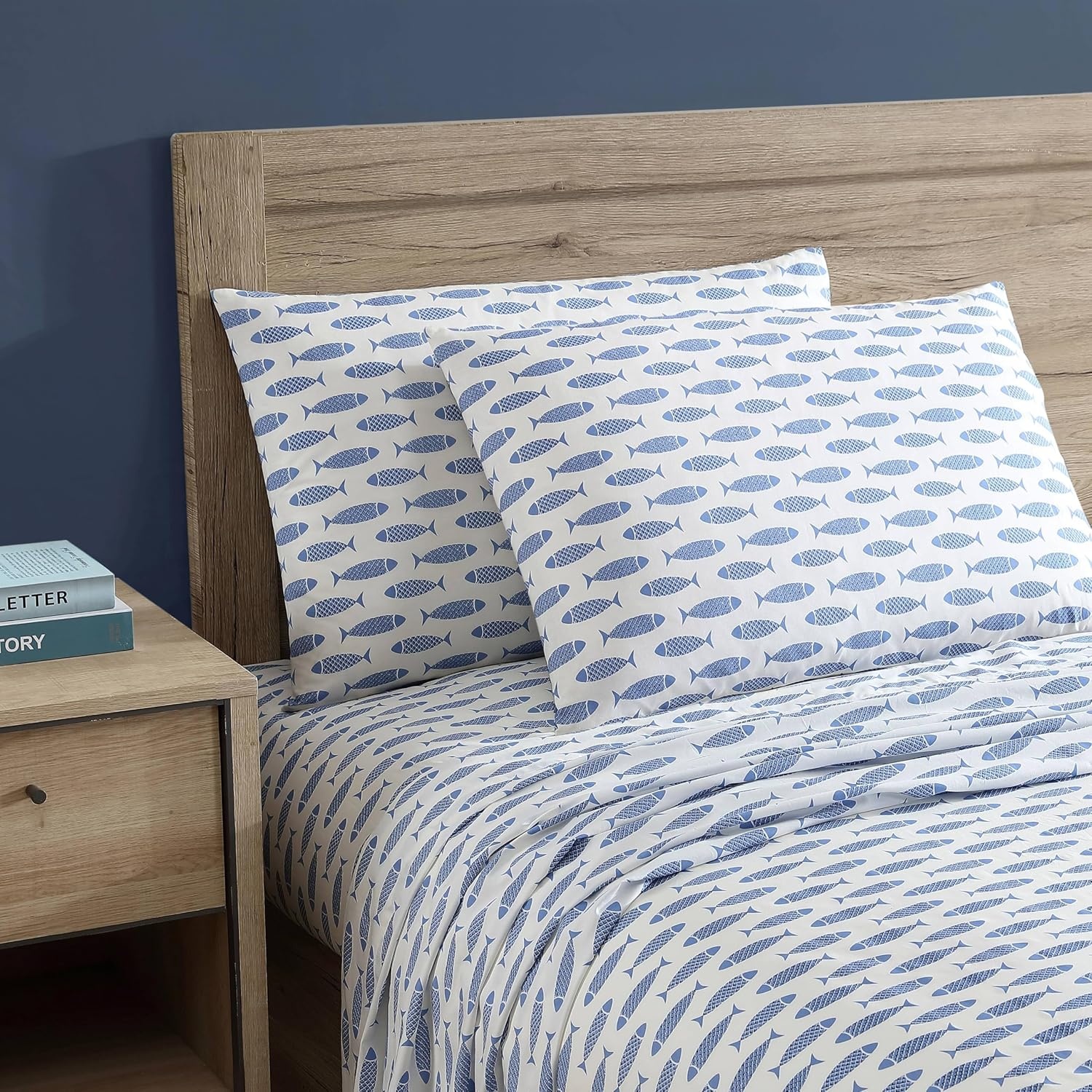 image:imageNautica Twin Size Sheet Set Crisp Cotton Percale Bedding with Matching Pillowcase Lightweight amp Breathable Bed Sheets Deep Pocket College Dorm Room Essentials Star Spangled BlueWoodblock Fish Blue