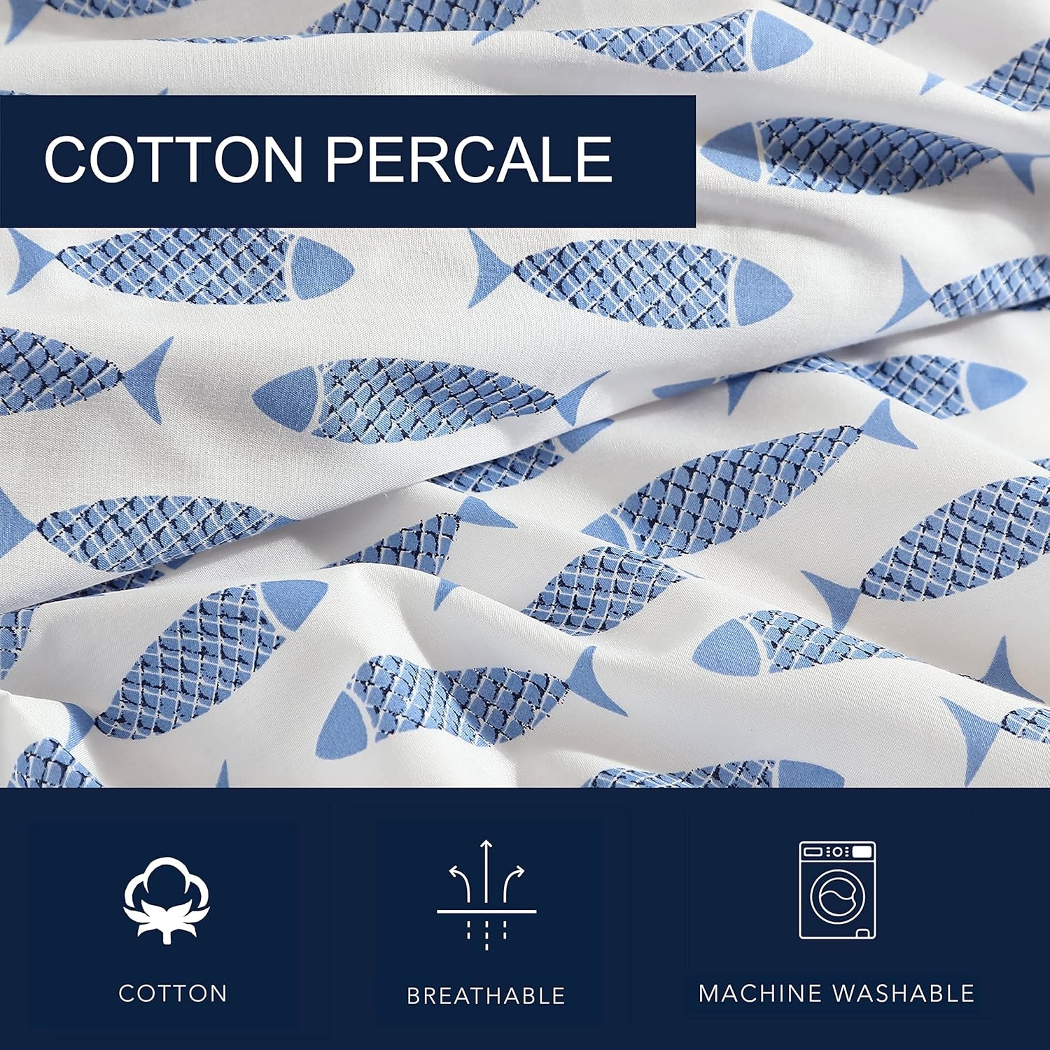 image:imageNautica Twin Size Sheet Set Crisp Cotton Percale Bedding with Matching Pillowcase Lightweight amp Breathable Bed Sheets Deep Pocket College Dorm Room Essentials Star Spangled BlueWoodblock Fish Blue