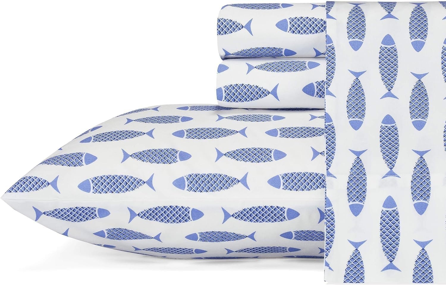 image:imageNautica Twin Size Sheet Set Crisp Cotton Percale Bedding with Matching Pillowcase Lightweight amp Breathable Bed Sheets Deep Pocket College Dorm Room Essentials Star Spangled BlueWoodblock Fish Blue