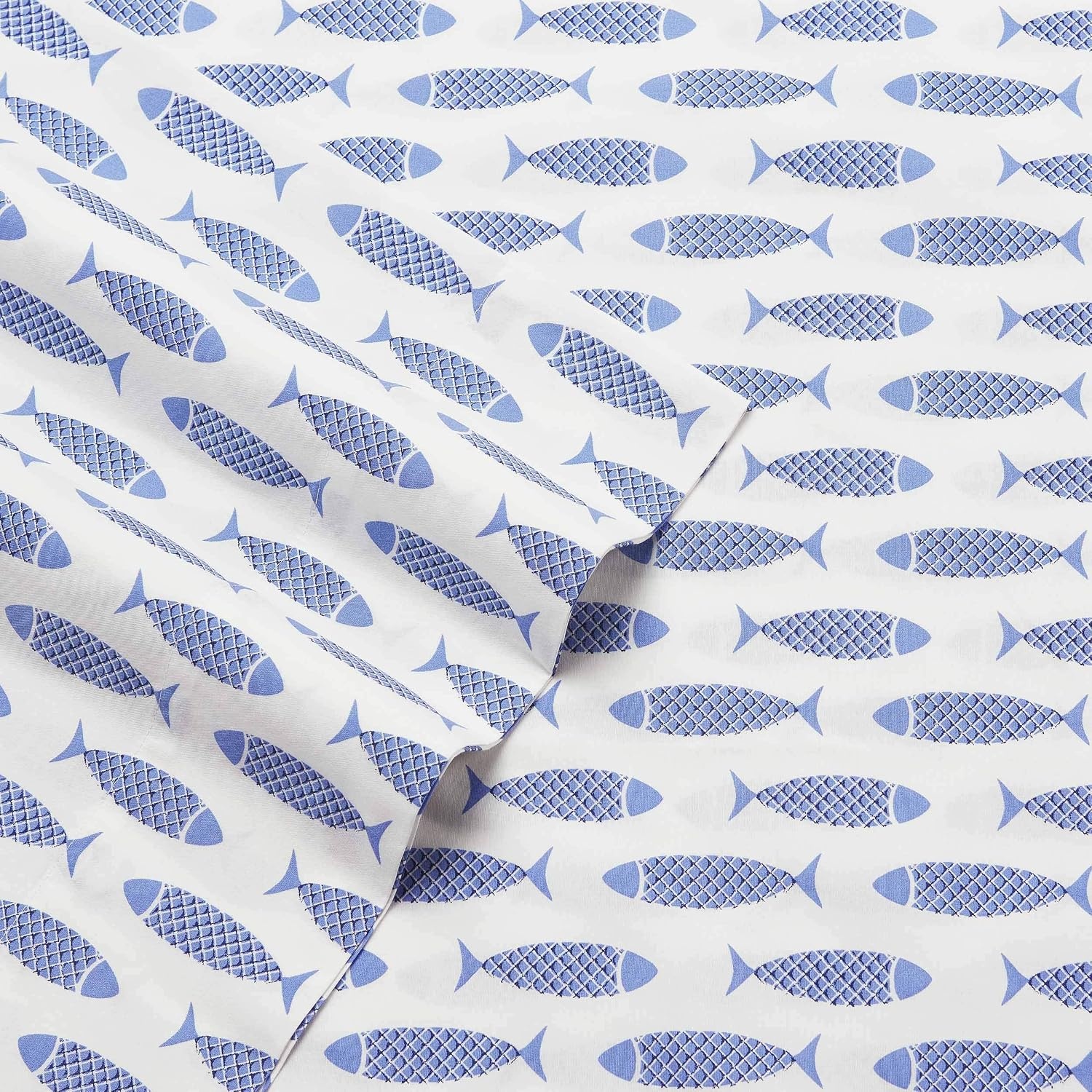 image:imageNautica Twin Size Sheet Set Crisp Cotton Percale Bedding with Matching Pillowcase Lightweight amp Breathable Bed Sheets Deep Pocket College Dorm Room Essentials Star Spangled BlueWoodblock Fish Blue