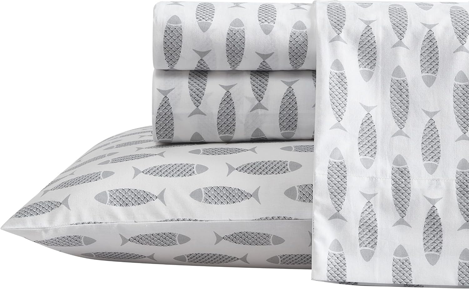 image:imageNautica Twin Size Sheet Set Crisp Cotton Percale Bedding with Matching Pillowcase Lightweight amp Breathable Bed Sheets Deep Pocket College Dorm Room Essentials Star Spangled BlueWoodblock Fish Grey