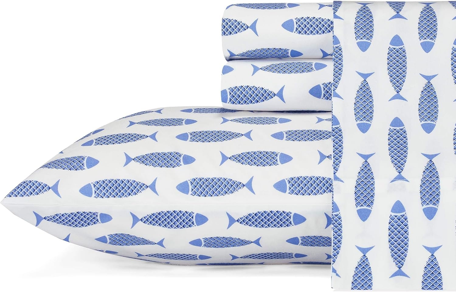 image:imageNautica Twin Size Sheet Set Crisp Cotton Percale Bedding with Matching Pillowcase Lightweight amp Breathable Bed Sheets Deep Pocket College Dorm Room Essentials Star Spangled BlueWoodblock Fish Blue