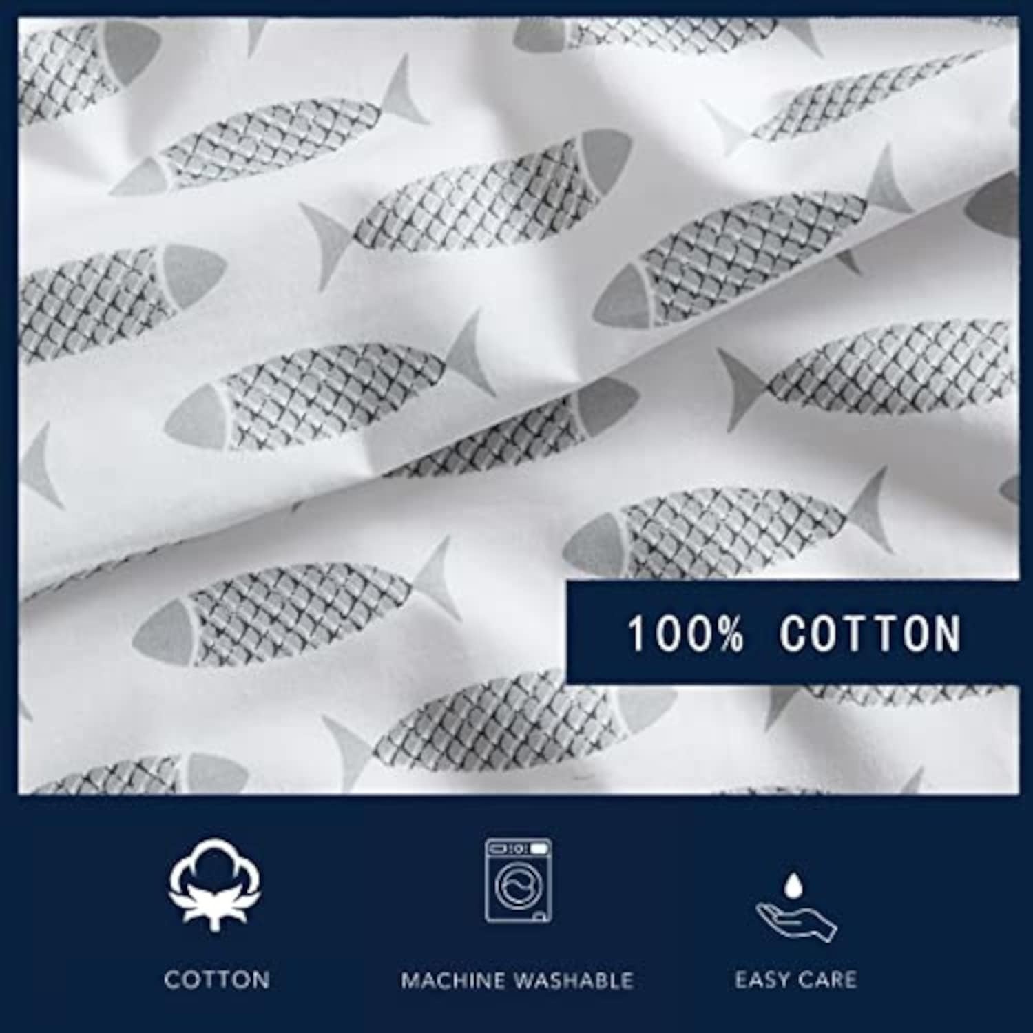 image:imageNautica Twin Size Sheet Set Crisp Cotton Percale Bedding with Matching Pillowcase Lightweight amp Breathable Bed Sheets Deep Pocket College Dorm Room Essentials Star Spangled BlueWoodblock Fish Grey