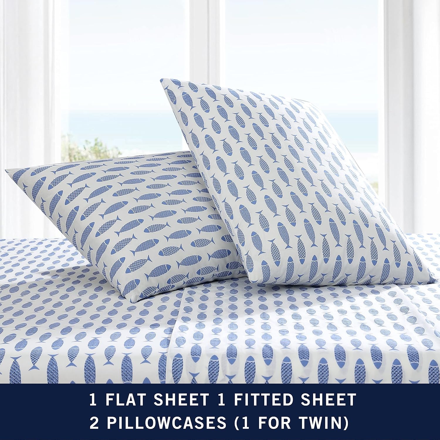 image:imageNautica Twin Size Sheet Set Crisp Cotton Percale Bedding with Matching Pillowcase Lightweight amp Breathable Bed Sheets Deep Pocket College Dorm Room Essentials Star Spangled BlueWoodblock Fish Blue