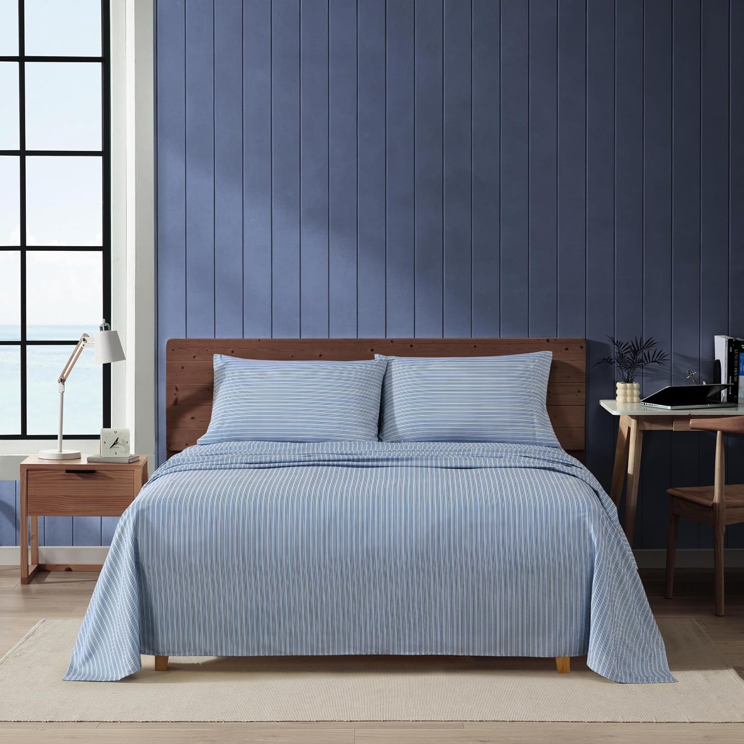image:imageNautica Twin Size Sheet Set Microfiber Bedding with Deep Pocket Fitted Sheet Bed Sheets with Matching Pillowcase Coxswain StripeAlden Stripe Blue