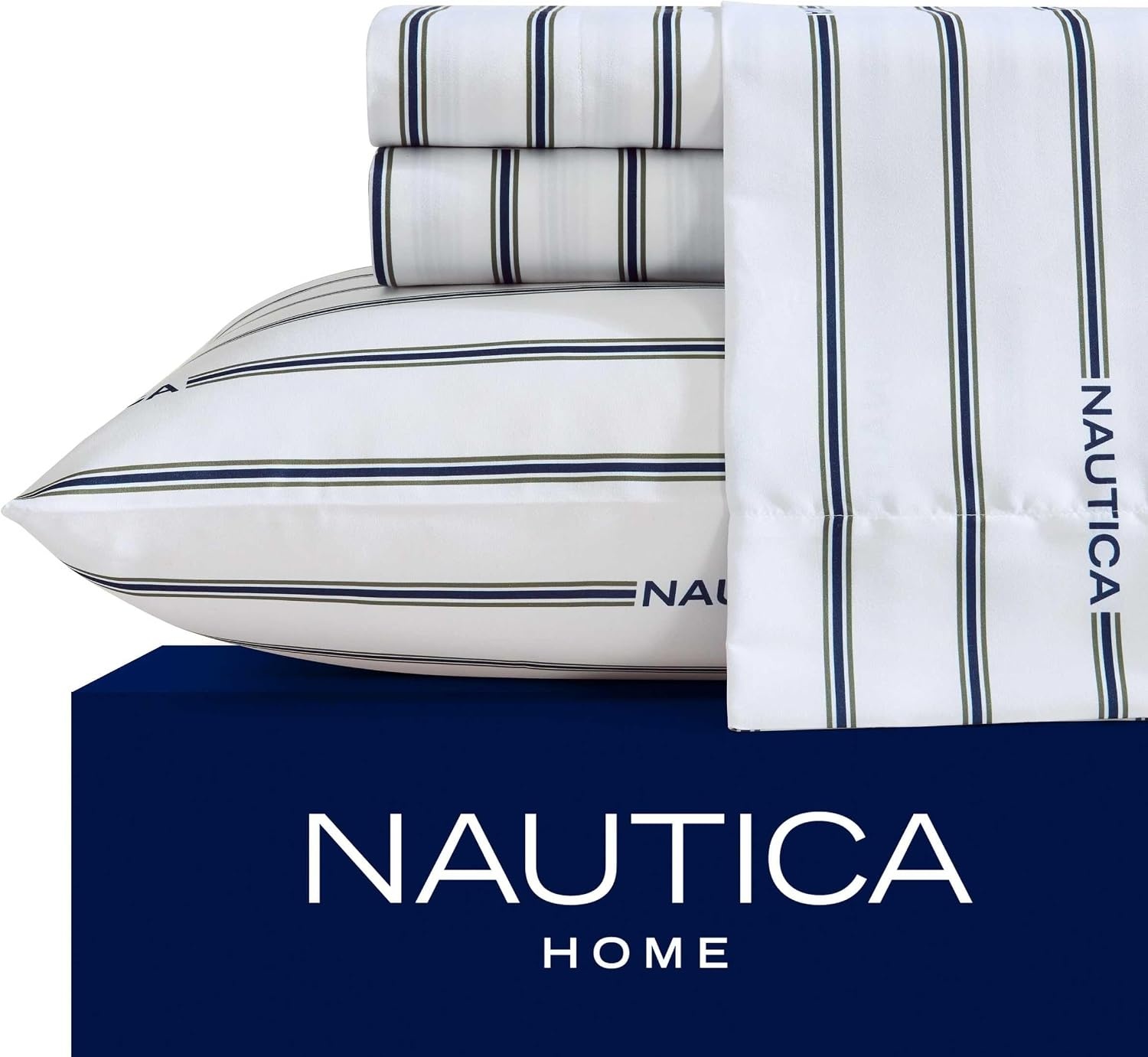 image:imageNautica Twin Size Sheet Set Microfiber Bedding with Deep Pocket Fitted Sheet Bed Sheets with Matching Pillowcase Coxswain StripeInline Green