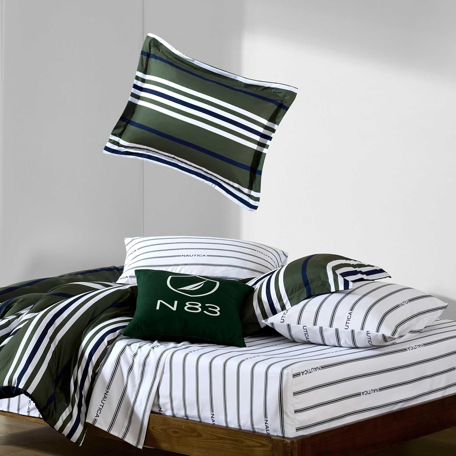 image:imageNautica Twin Size Sheet Set Microfiber Bedding with Deep Pocket Fitted Sheet Bed Sheets with Matching Pillowcase Coxswain StripeInline Green
