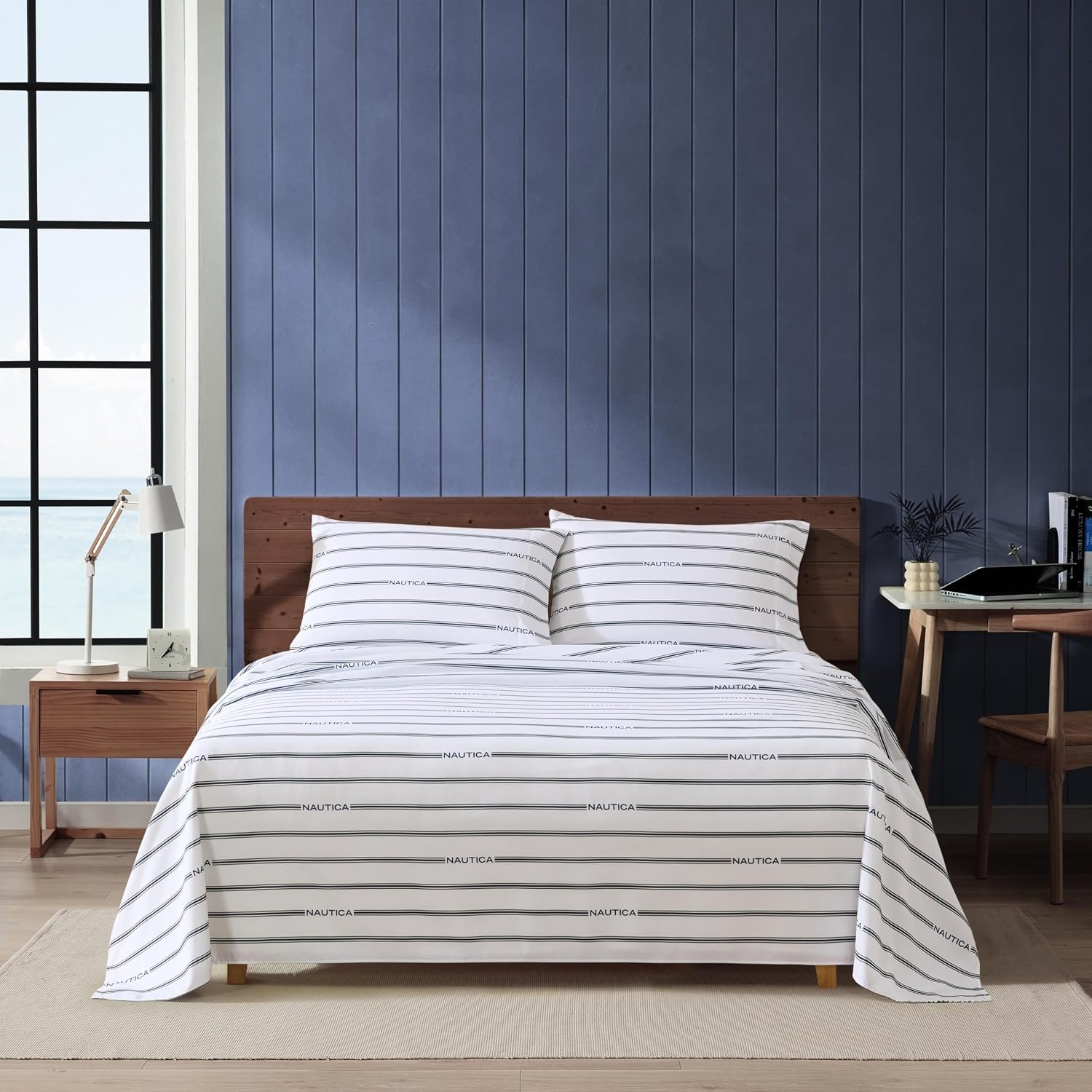 image:imageNautica Twin Size Sheet Set Microfiber Bedding with Deep Pocket Fitted Sheet Bed Sheets with Matching Pillowcase Coxswain StripeInline Green