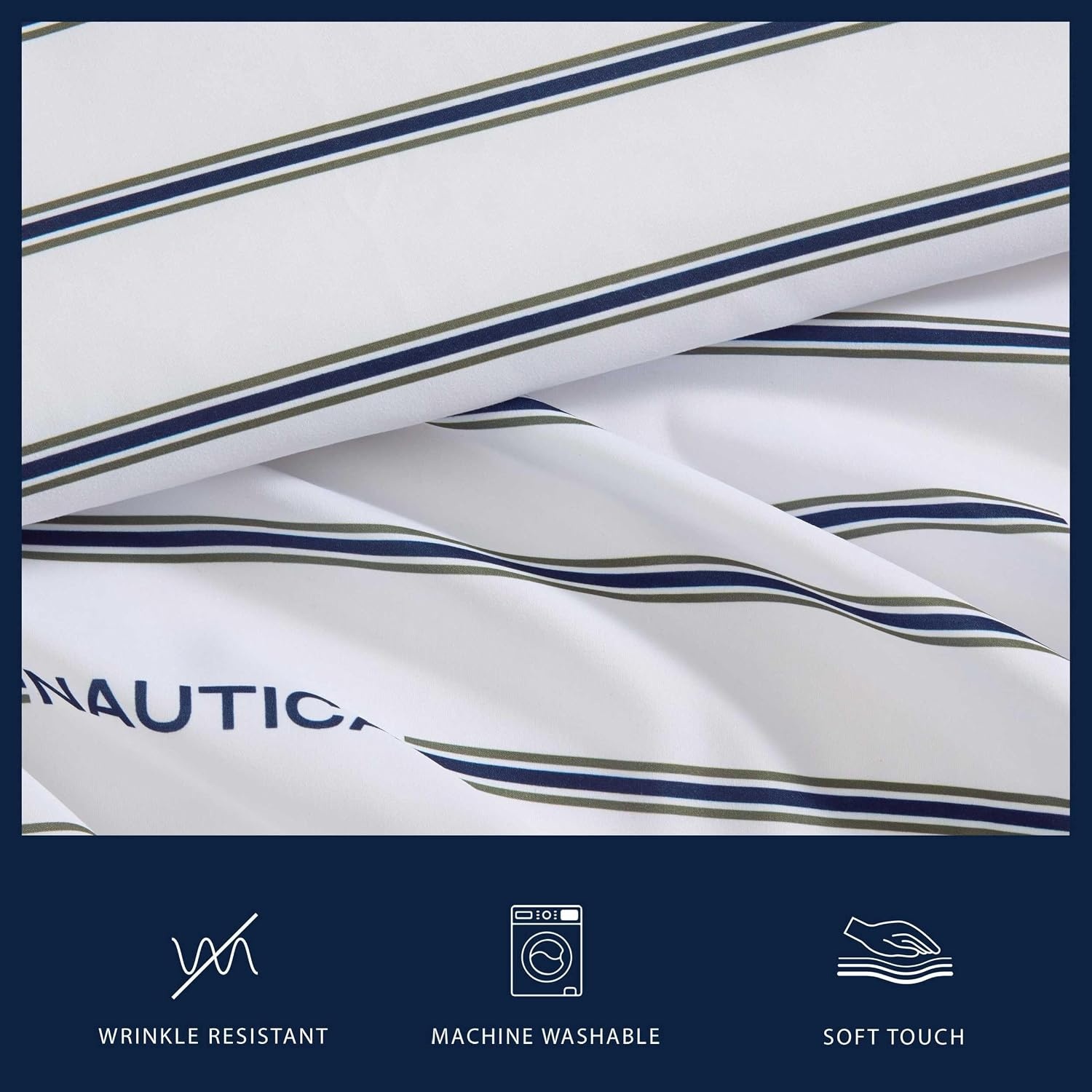 image:imageNautica Twin Size Sheet Set Microfiber Bedding with Deep Pocket Fitted Sheet Bed Sheets with Matching Pillowcase Coxswain StripeInline Green