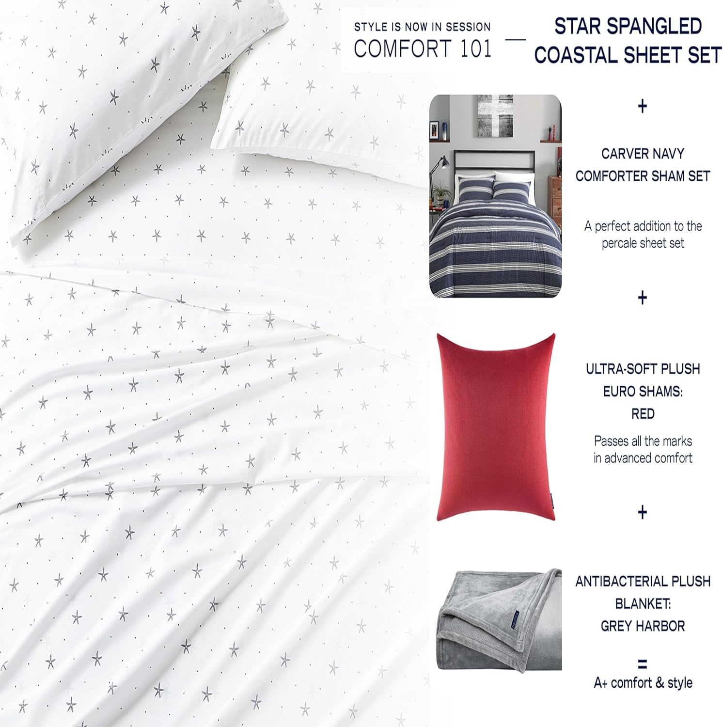 image:imageNautica Twin XL Size Sheet Set Crisp Cotton Percale Bedding with Matching Pillowcase Lightweight amp Breathable Bed Sheets Deep Pocket College Dorm Room Essentials Captains BlueWhite