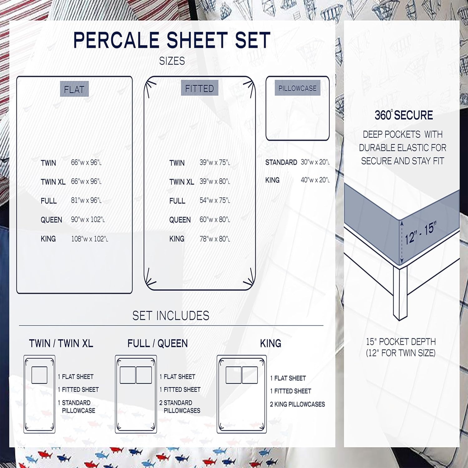 image:imageNautica Twin XL Size Sheet Set Crisp Cotton Percale Bedding with Matching Pillowcase Lightweight amp Breathable Bed Sheets Deep Pocket College Dorm Room Essentials Captains BlueWhite