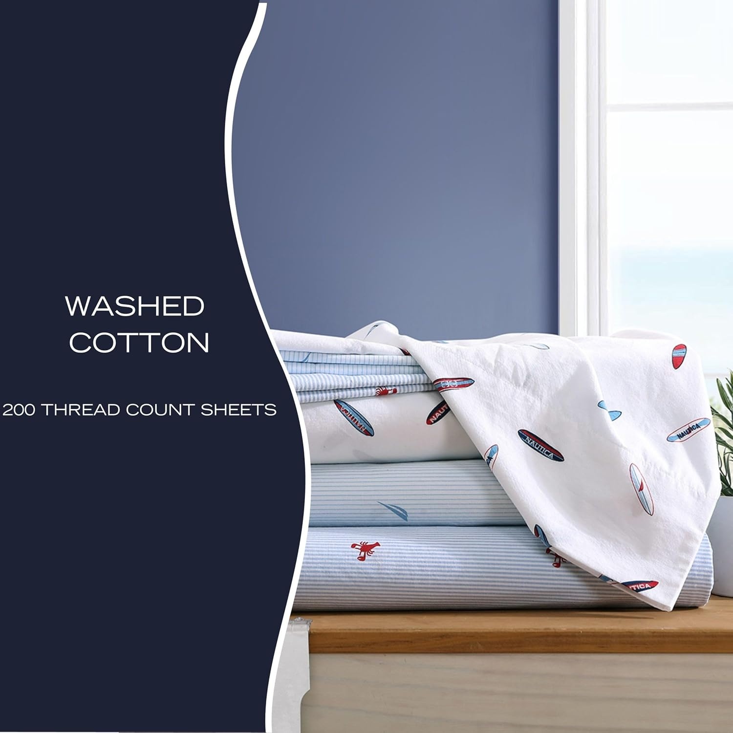 image:imageNautica Twin XL Size Sheets Set Crisp amp Tailored Floral Bedding with a Smooth Cotton Percale Bed Sheets with Matching Pillowcase amp Fitted Sheet Breezy Bloom BlueBoat Stripe Pale Blue