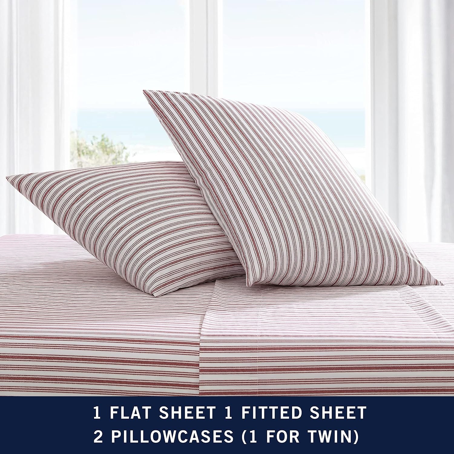 image:imageNautica Twin XL Size Sheets Set Crisp amp Tailored Floral Bedding with a Smooth Cotton Percale Bed Sheets with Matching Pillowcase amp Fitted Sheet Breezy Bloom BlueColeridge Stripe Red