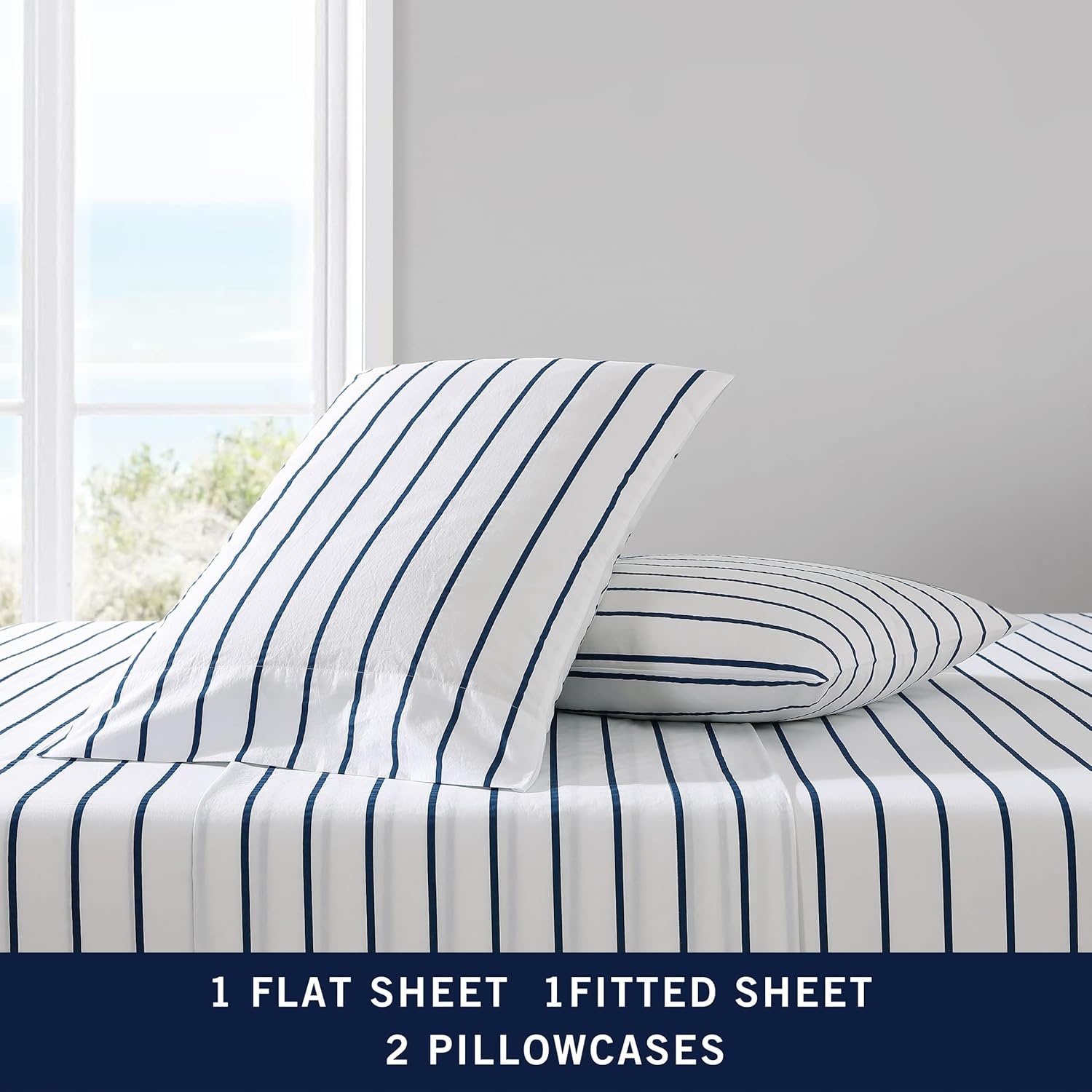 image:imageNautica Twin XL Size Sheets Set Crisp amp Tailored Floral Bedding with a Smooth Cotton Percale Bed Sheets with Matching Pillowcase amp Fitted Sheet Breezy Bloom BlueBrenton Stripe Navy Blue