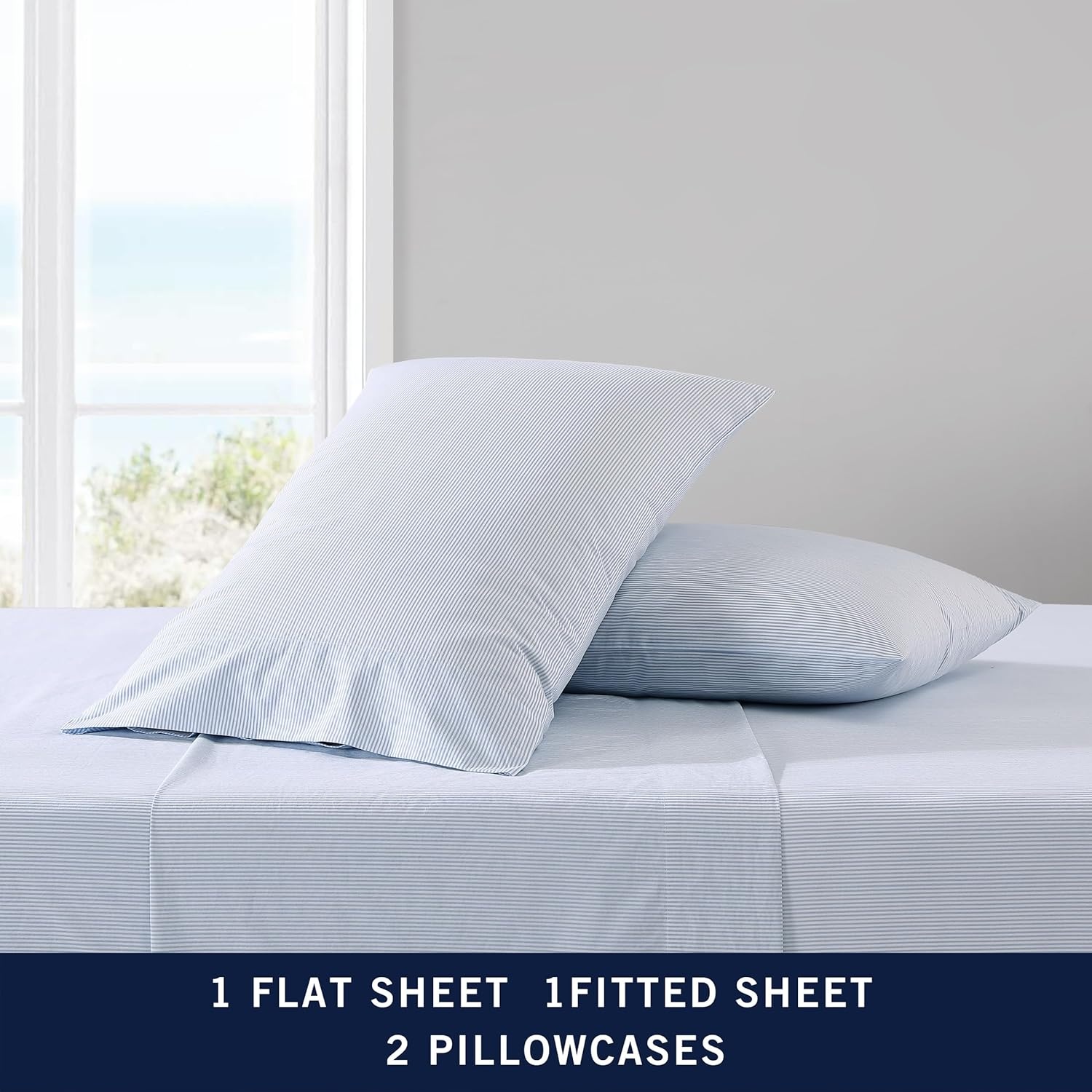 image:imageNautica Twin XL Size Sheets Set Crisp amp Tailored Floral Bedding with a Smooth Cotton Percale Bed Sheets with Matching Pillowcase amp Fitted Sheet Breezy Bloom BluePenny Pinstripe Blue