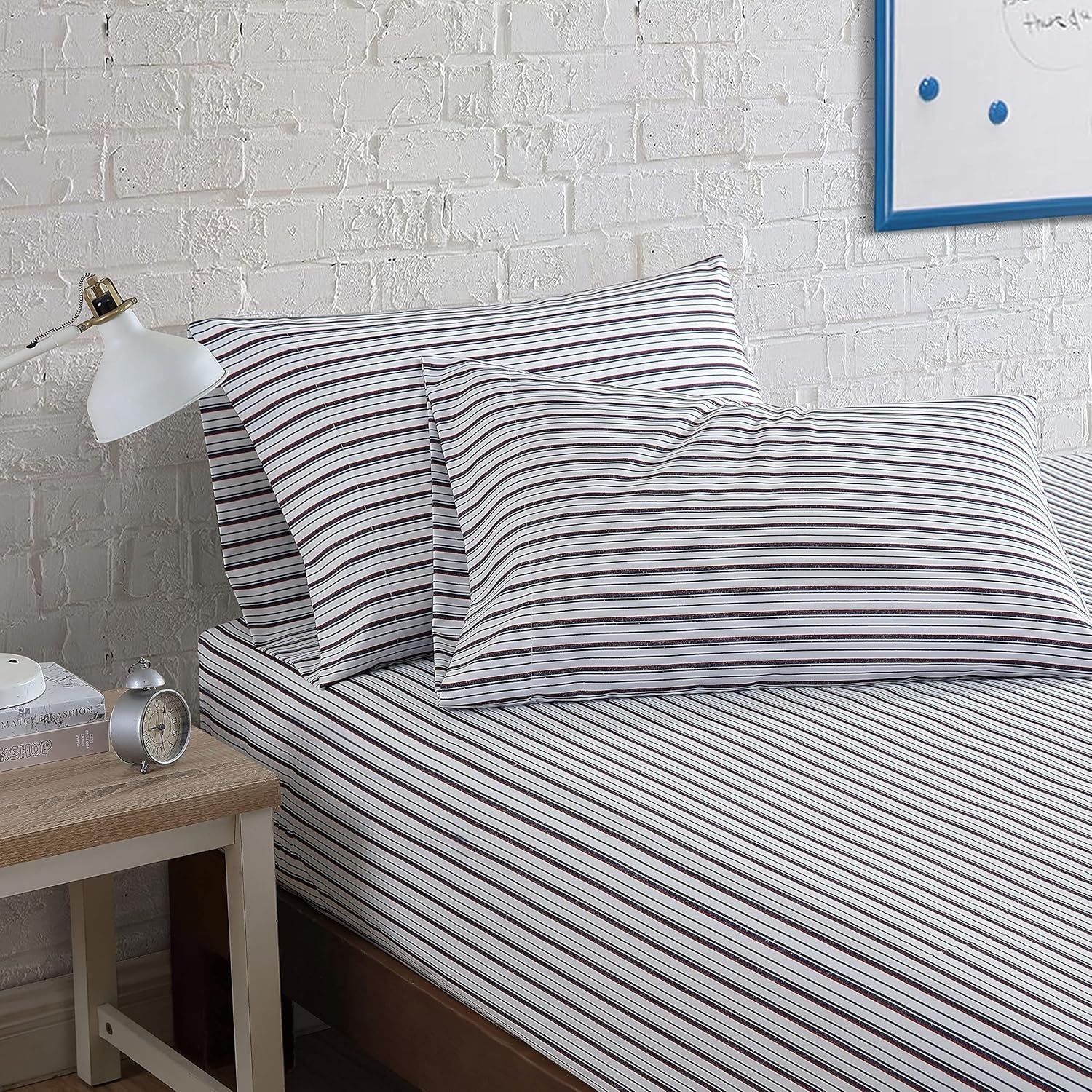 image:imageNautica TwinTwin XL Sheet Set Deep Pocket Fitted Sheet and Pillowcase Set Double Layer Elastic Ideal Dorm Essentials Avery Stripe Navy TwinTwin XL