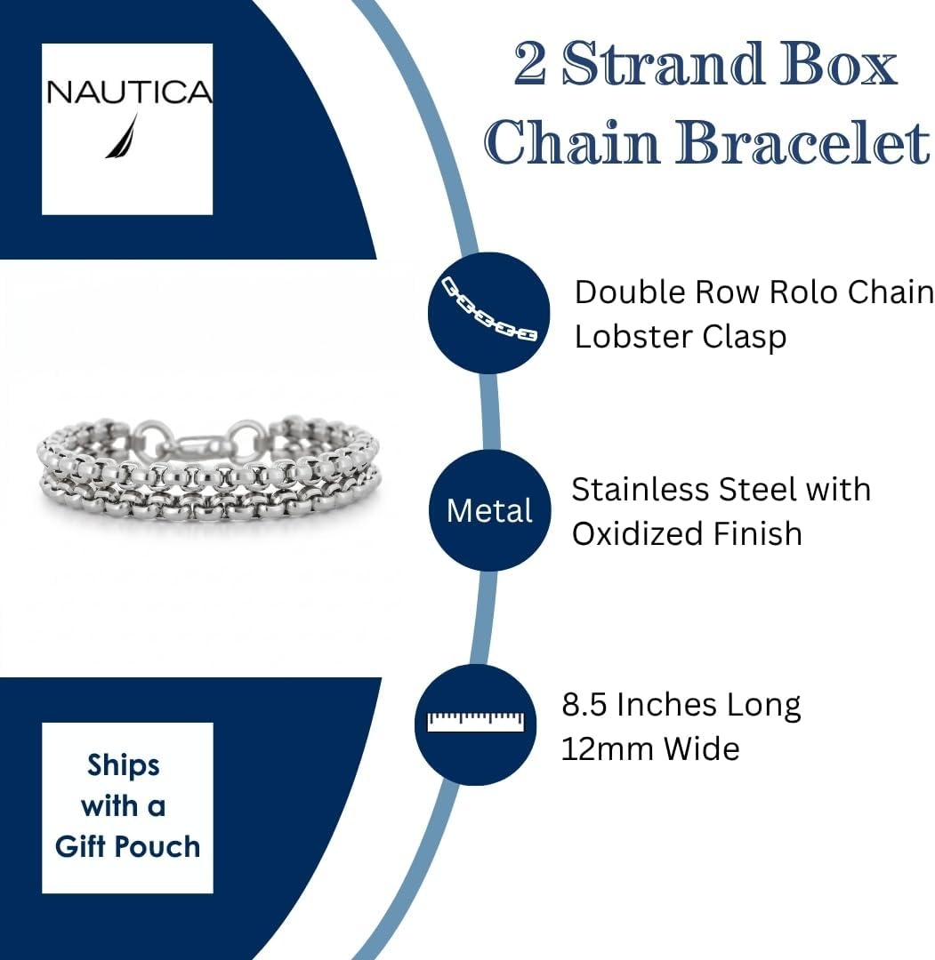 image:imageNautica 11 mm Double Row Box Chain Bracelet for Men Oxidized Stainless Steel 85 Inches