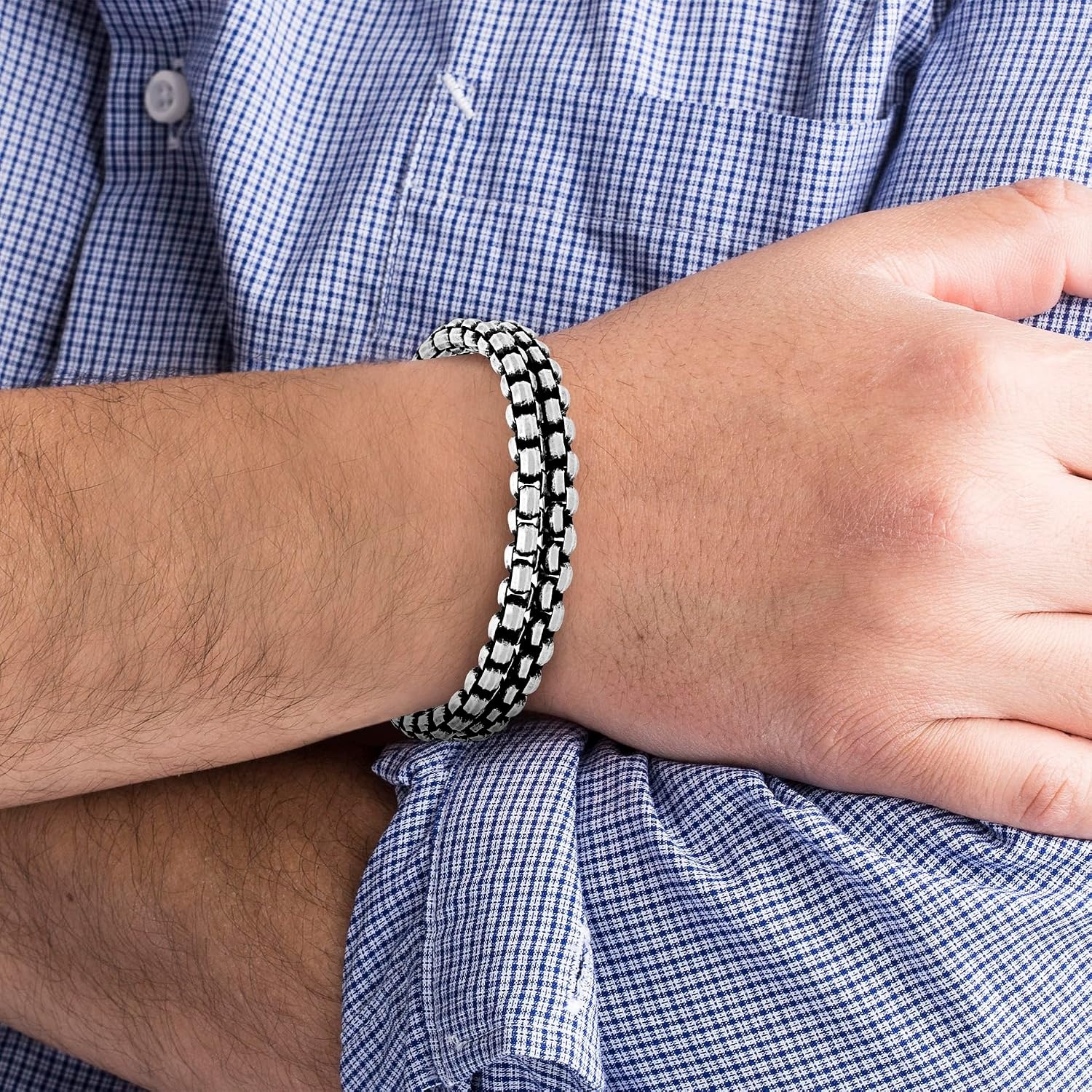 image:imageNautica 11 mm Double Row Box Chain Bracelet for Men Oxidized Stainless Steel 85 Inches