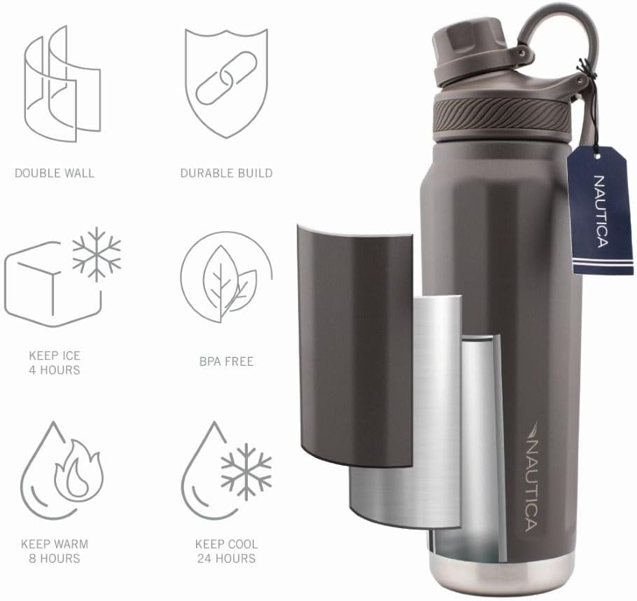 image:imageNautica 25 oz hydration flask DoubleWall Vacuum Insulated bottle Leak Proof amp BPA Free MED GREYMED GREY