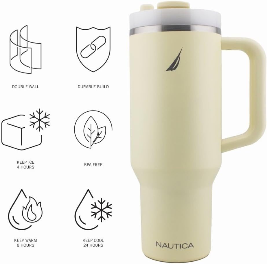 image:imageNautica 40 oz Large Insulated Tumbler with Handle amp Straw with screw on cap Reusable Water Bottle Stainless Steel Travel Mug for Hot Cold or Iced Drink BPAFree Fits Car Cup Holders Light BlueLight Yellow