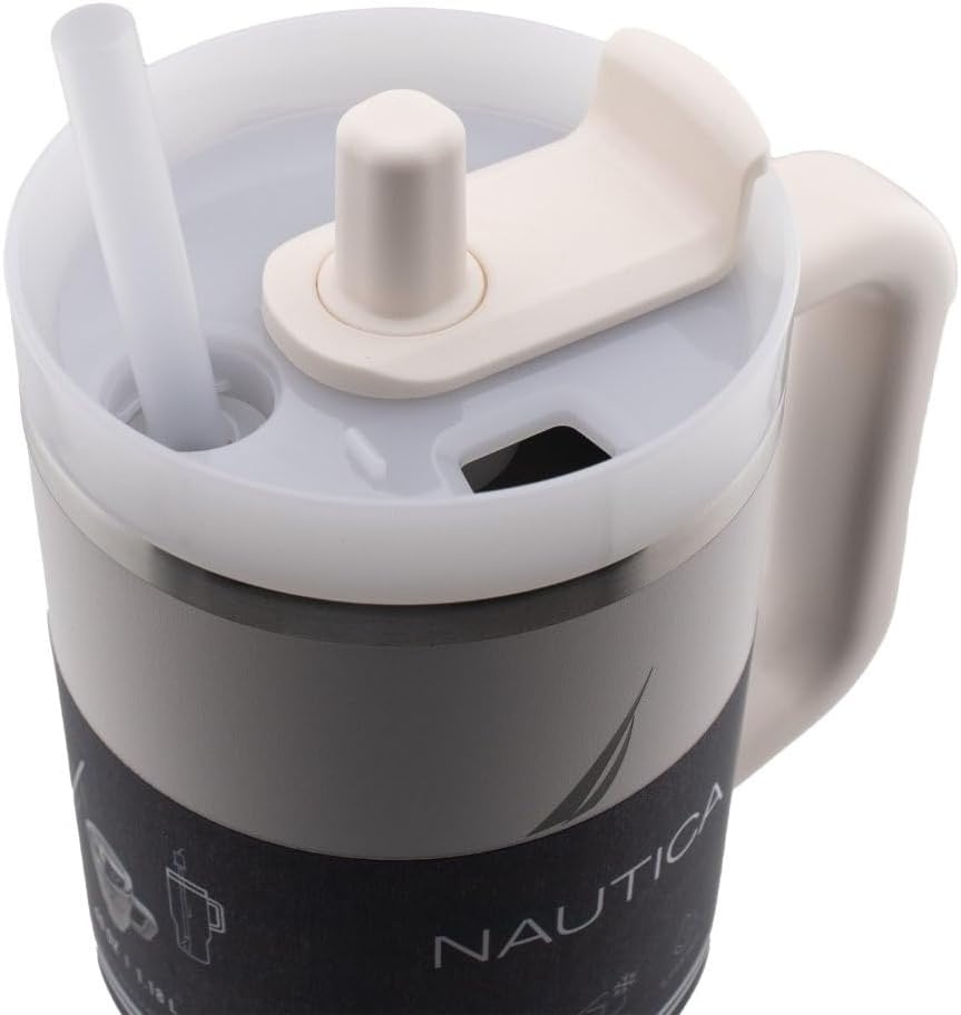 image:imageNautica 40 oz Large Insulated Tumbler with Handle amp Straw with screw on cap Reusable Water Bottle Stainless Steel Travel Mug for Hot Cold or Iced Drink BPAFree Fits Car Cup Holders Light BlueCream